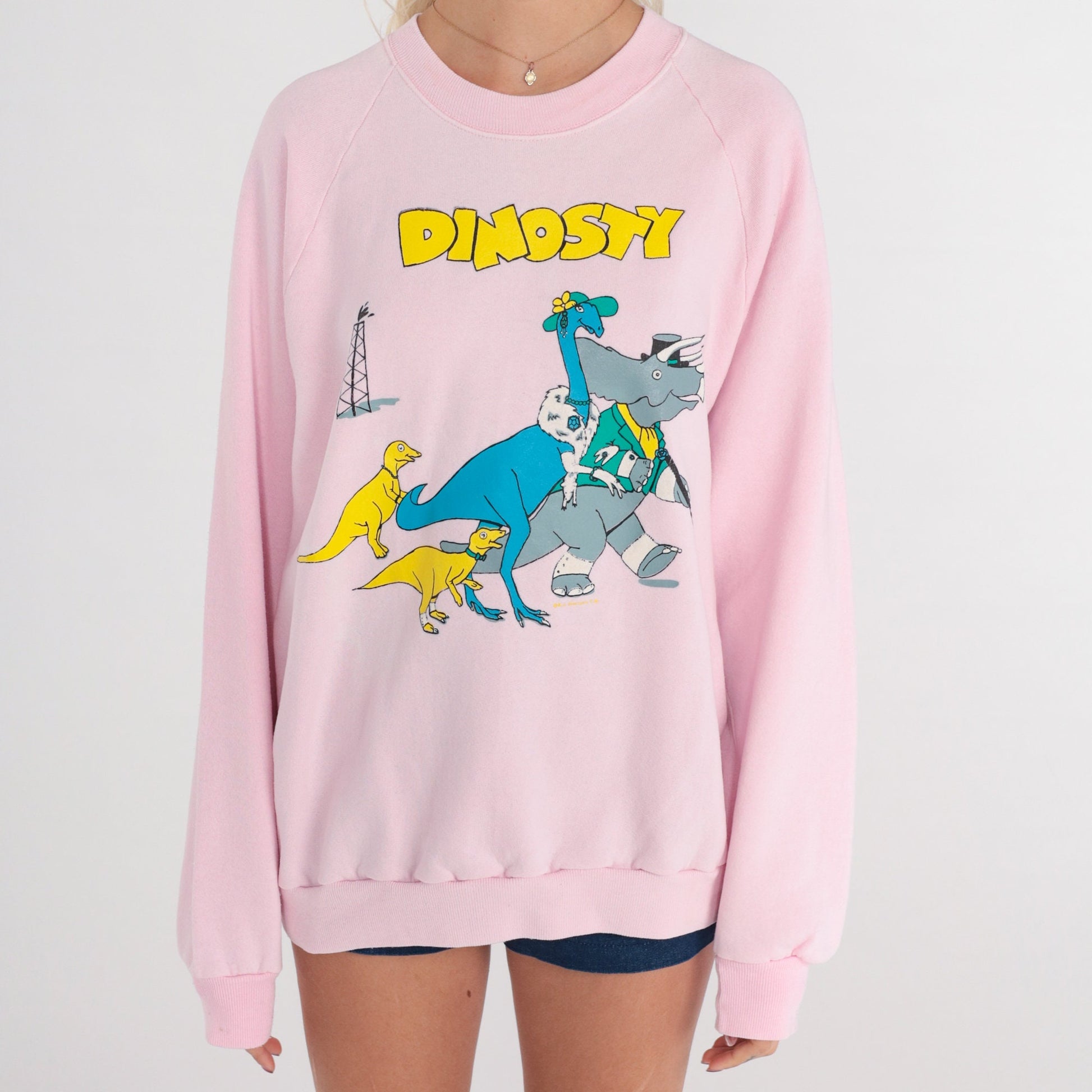 80s Dinosaur Dinosty Pun Raglan Sweatshirt Baby Pink Graphic Crewneck Large