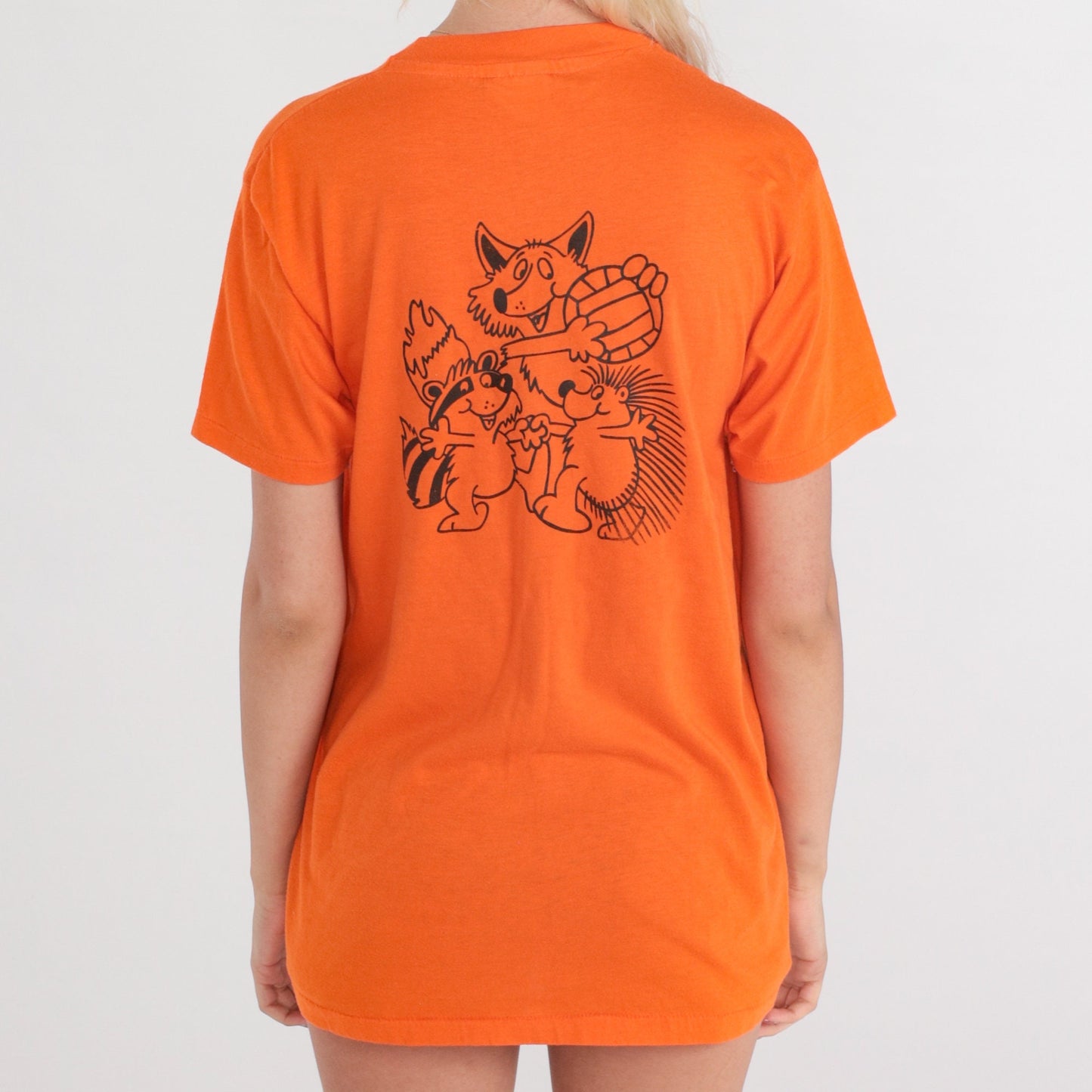80s Sports Animals Graphic T-Shirt Orange Cartoon Porcupine Raccoon Coyote Large