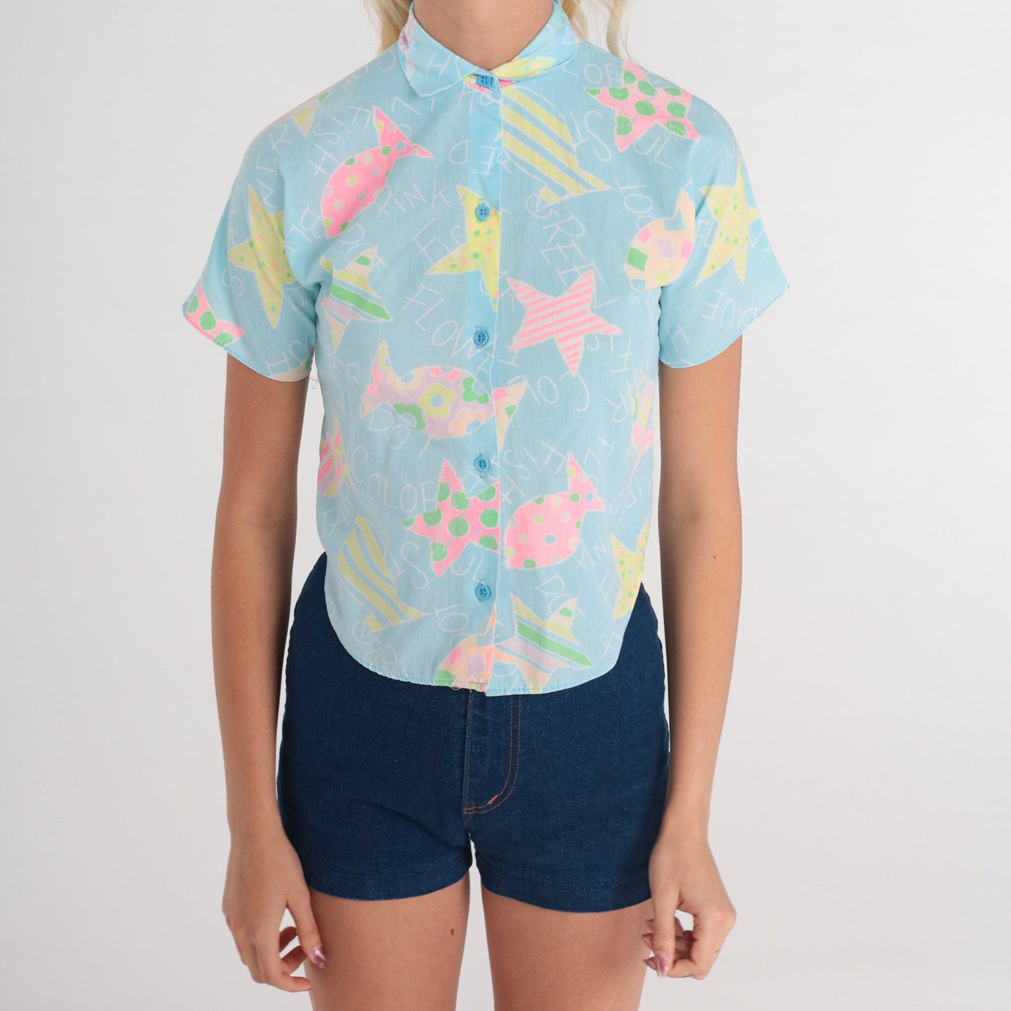 90s School Print Button-Up Blouse Star Fish Chalkboard Blue 2XS