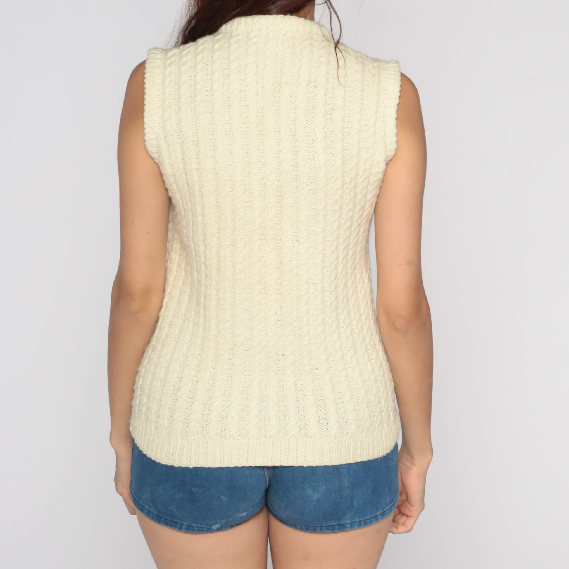 80s Cream Cable Knit Sweater Vest V-Neck Pullover Small S