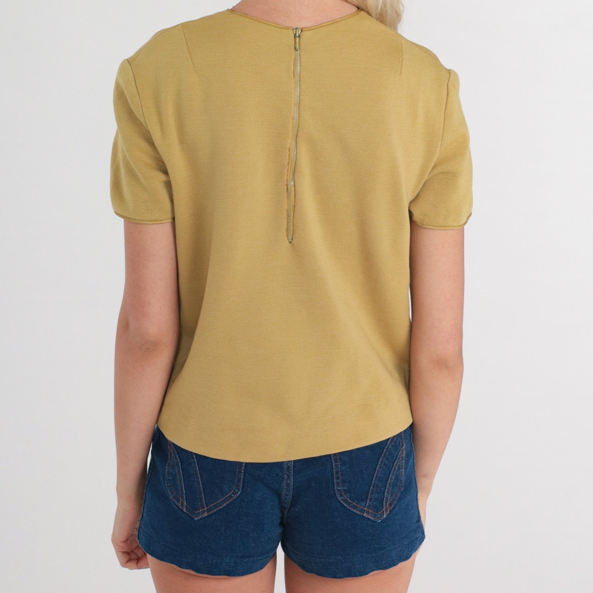 60s Wool Blend Knit Blouse Yellow Tan Short Sleeve Mod Shirt Small
