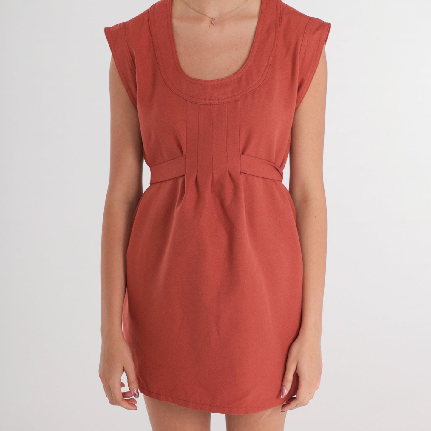 70s Rust Sleeveless Tunic Top Empire Waist Tie Belt Scoop Neck Small Medium