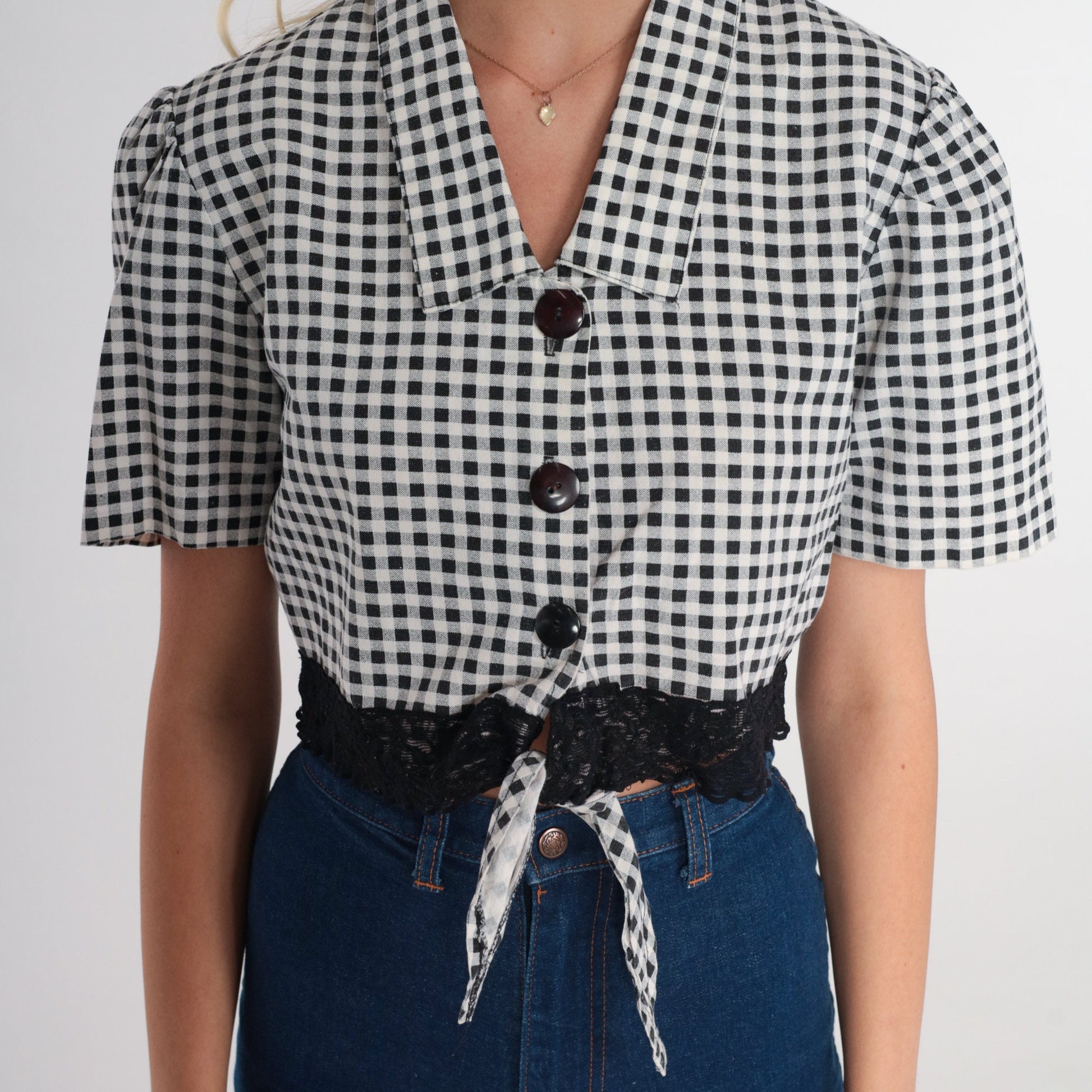 80s Black White Gingham Crop Top Tie Front Button Up Cotton Small