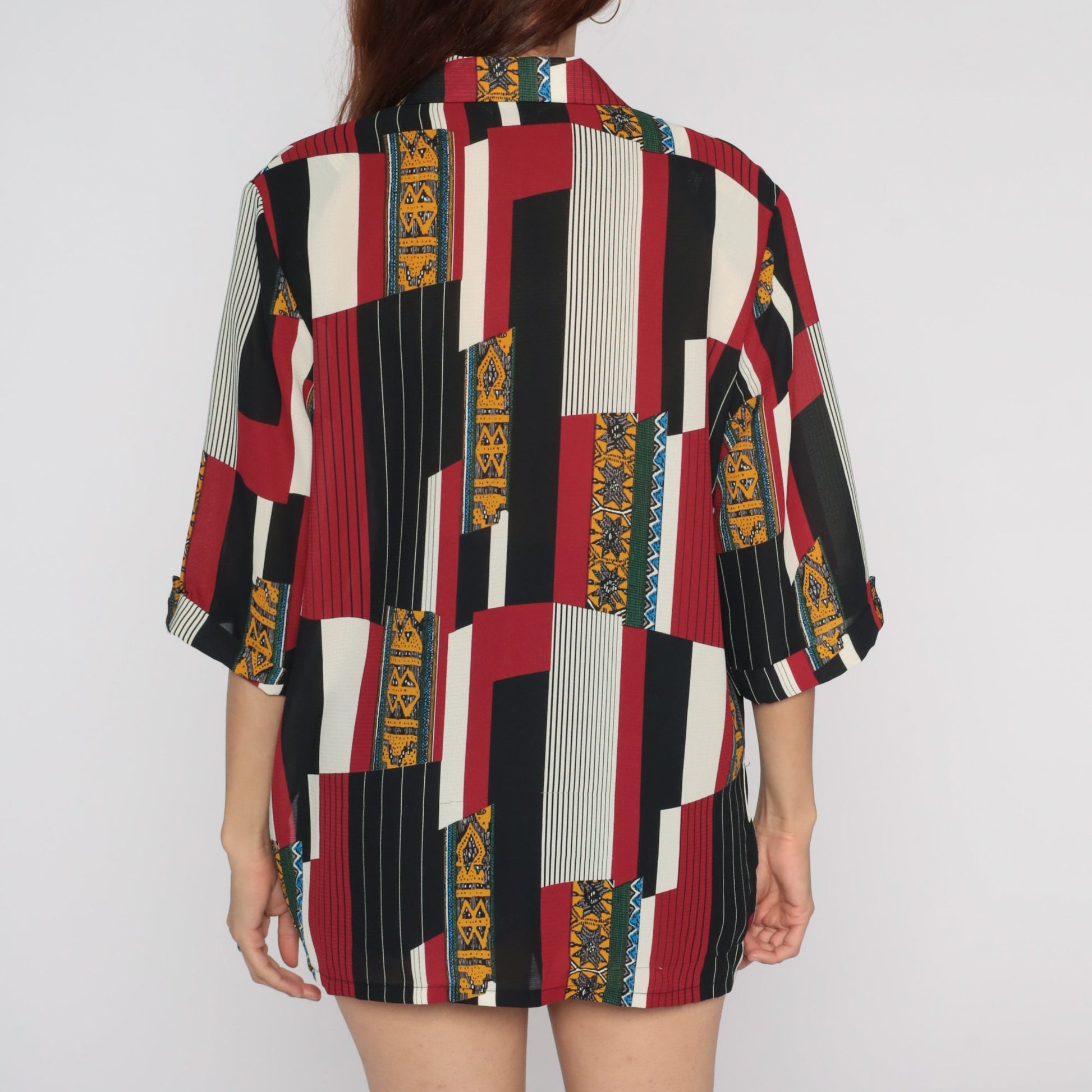 80s Geometric Striped Button Up Shirt Red Black White Yellow Large L