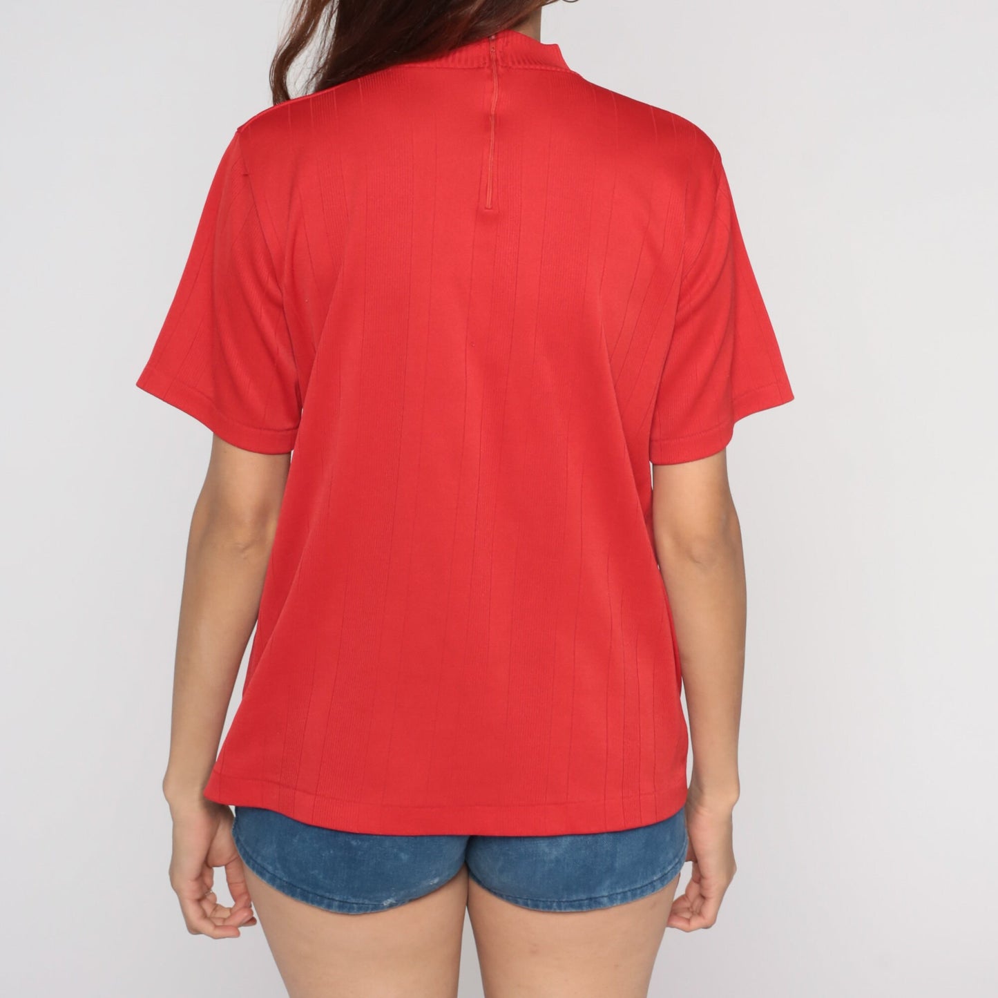 70s Red Mock Neck Ribbed Shirt Short Sleeve Vintage Blouse Medium Large