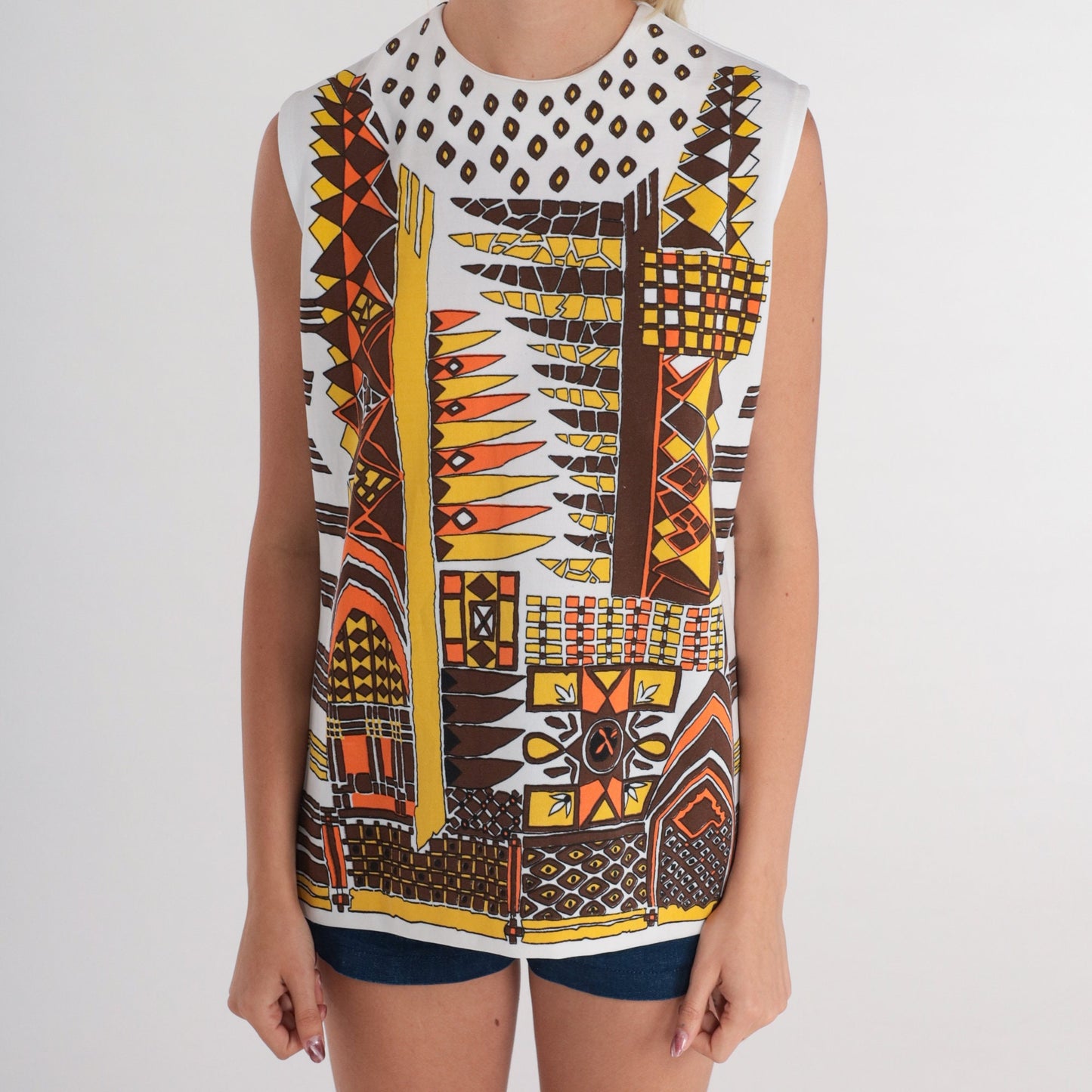 70s Abstract Print Tank Top Sleeveless Blouse White Medium
