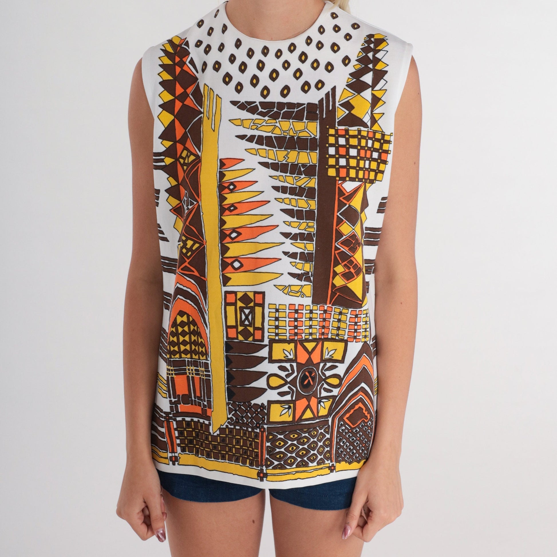 70s Abstract Print Tank Top Sleeveless Blouse White Medium