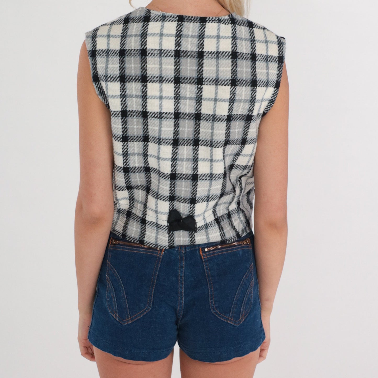 80s Black White Plaid Cropped Vest Button-Up Sleeveless Small