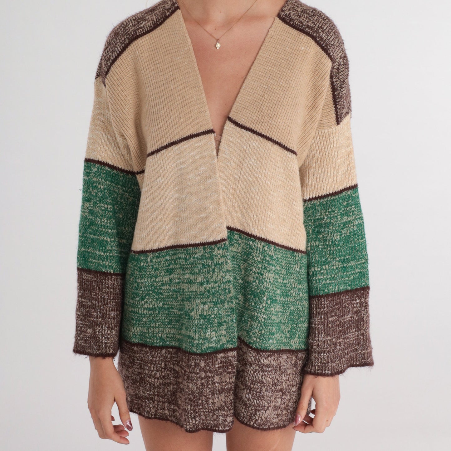 70s Striped Cardigan Open Front Knit Sweater Brown Beige Green Medium Large