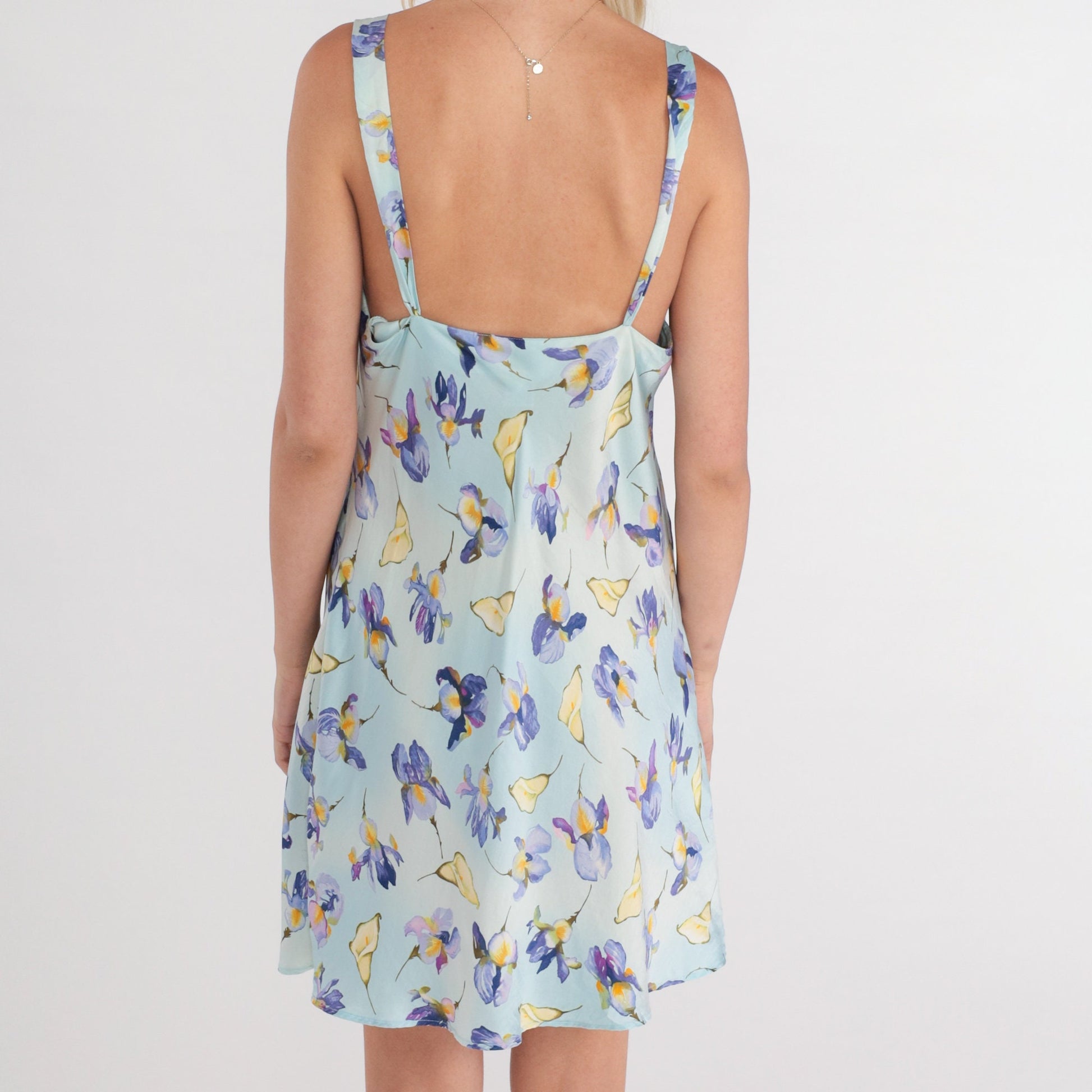00s Blue Floral Silk Slip Dress Mini Sleeveless Nightgown Medium M