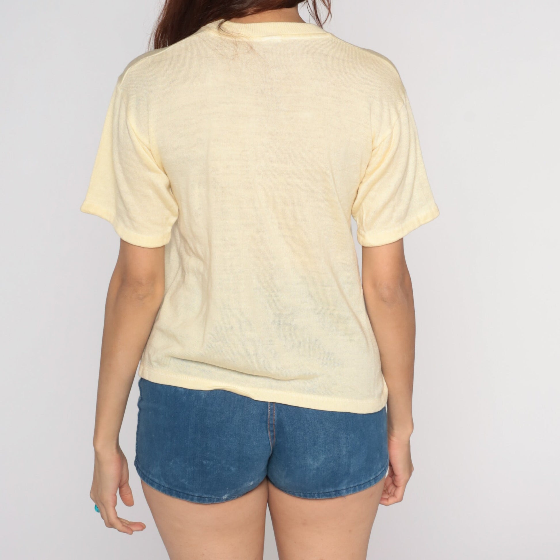 70s Yellow Knit V-Neck Short Sleeve Top Small S