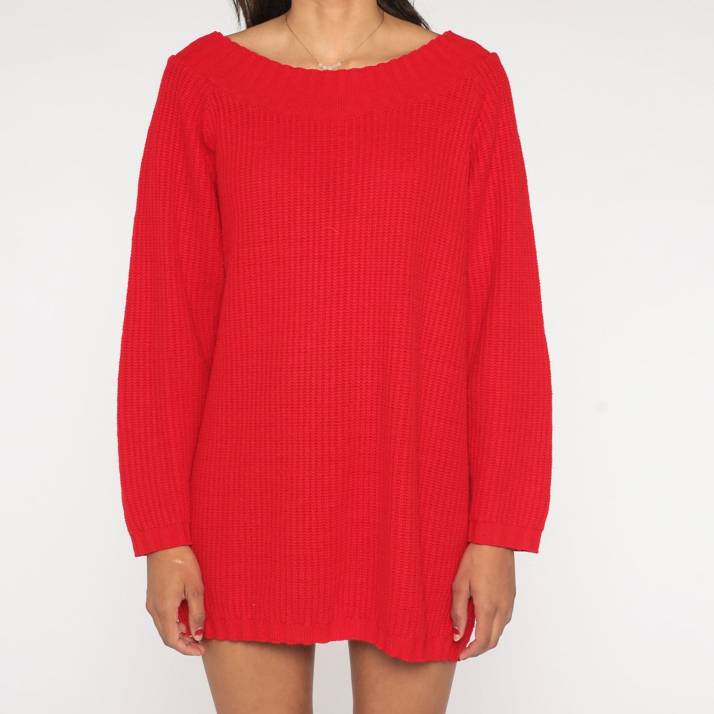 80s Red Ribbed Knit Sweater Wide Neckline Slouchy Pullover Large L