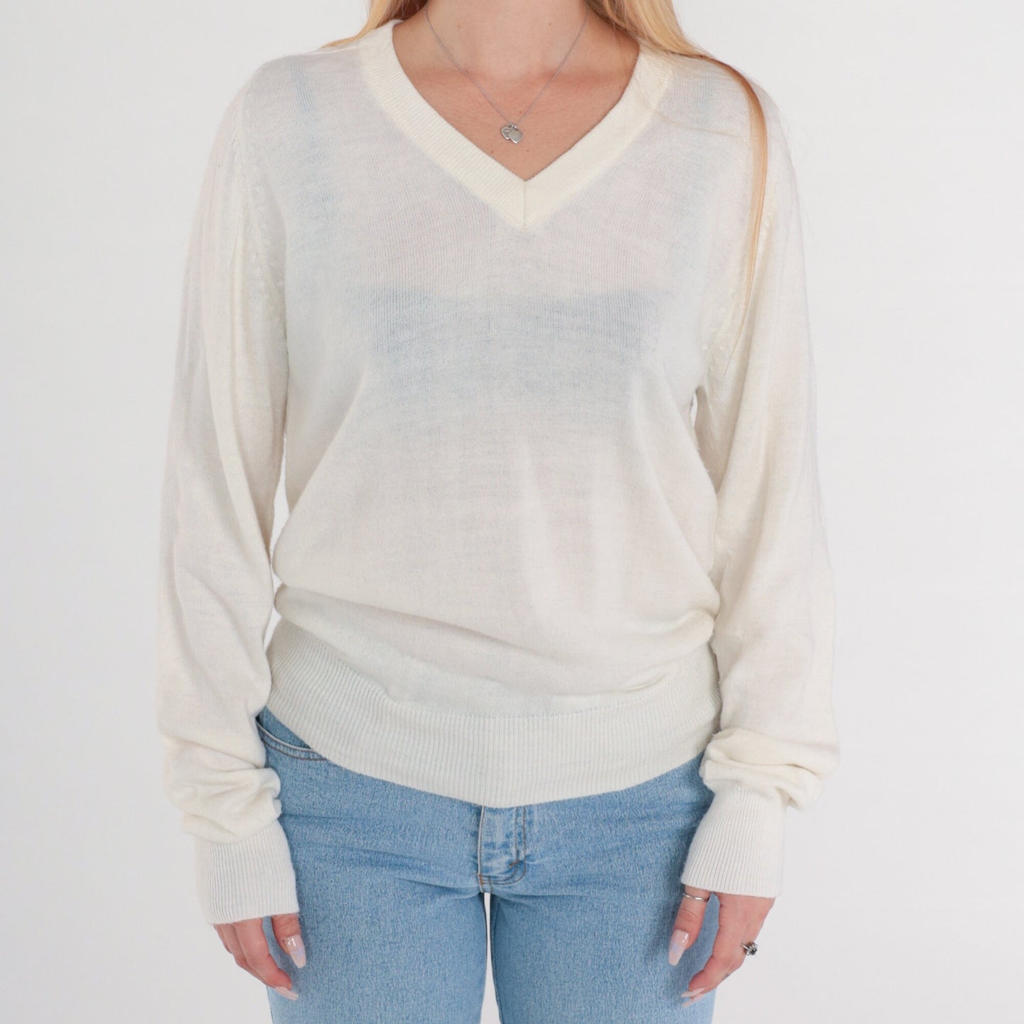80s White V-Neck Knit Pullover Sweater Semi-Sheer Small S