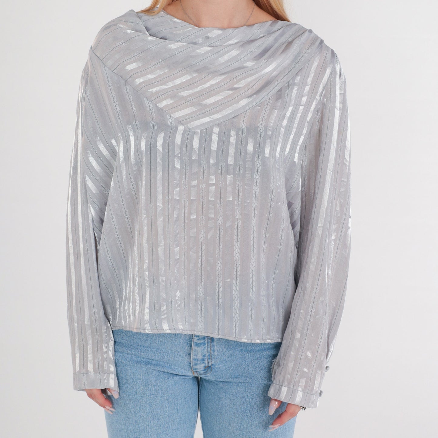 80s Metallic Silver Striped Cowl Neck Blouse Long Sleeve Semi-Sheer Large L