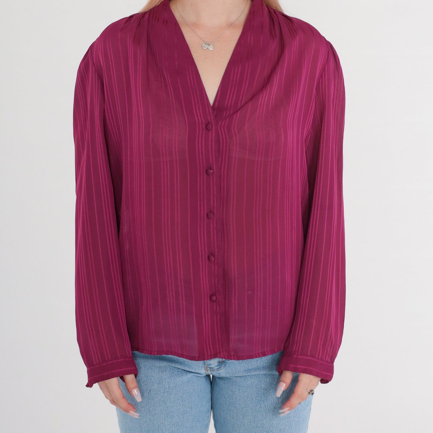 80s Purple Striped Semi-Sheer Blouse V-Neck Button-Up Long Sleeve Medium