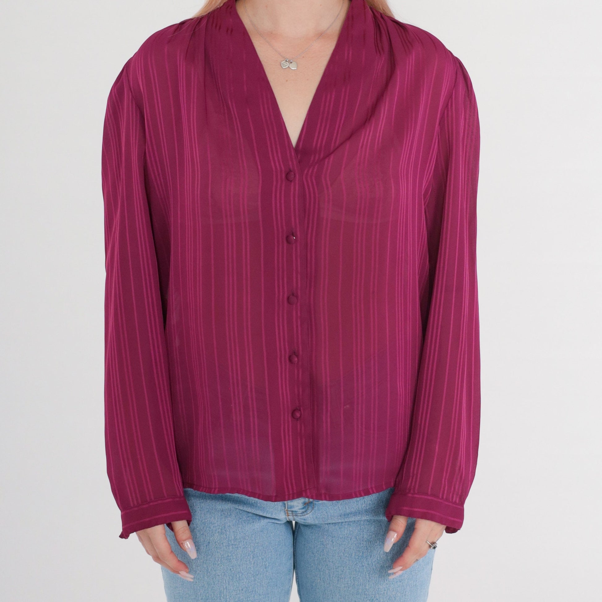 80s Purple Striped Semi-Sheer Blouse V-Neck Button-Up Long Sleeve Medium