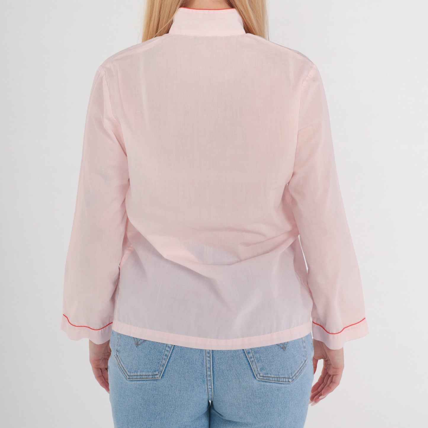 80s Baby Pink Mandarin Collar Blouse Butterfly Floral Embroidered Frog Button Small
