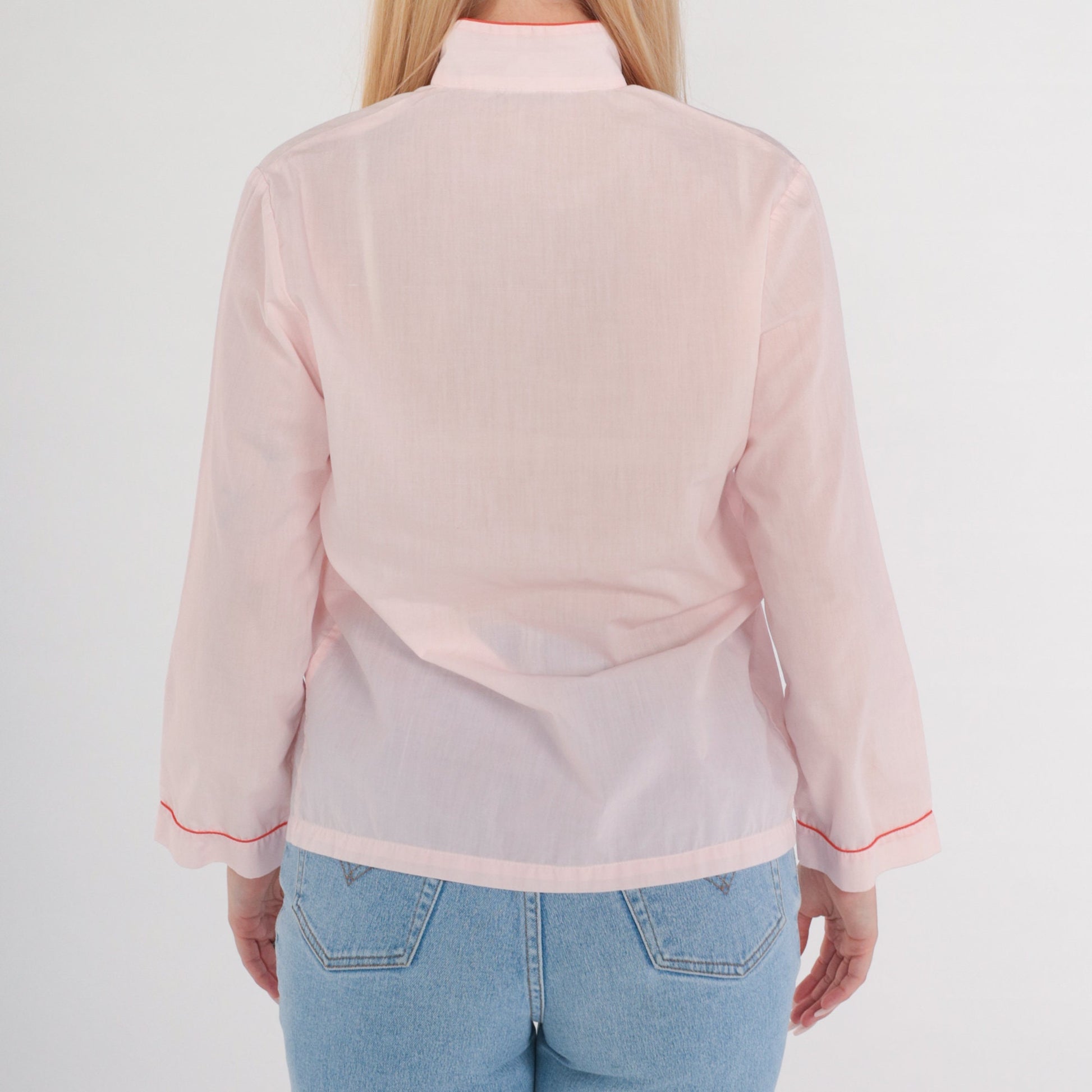 80s Baby Pink Mandarin Collar Blouse Butterfly Floral Embroidered Frog Button Small