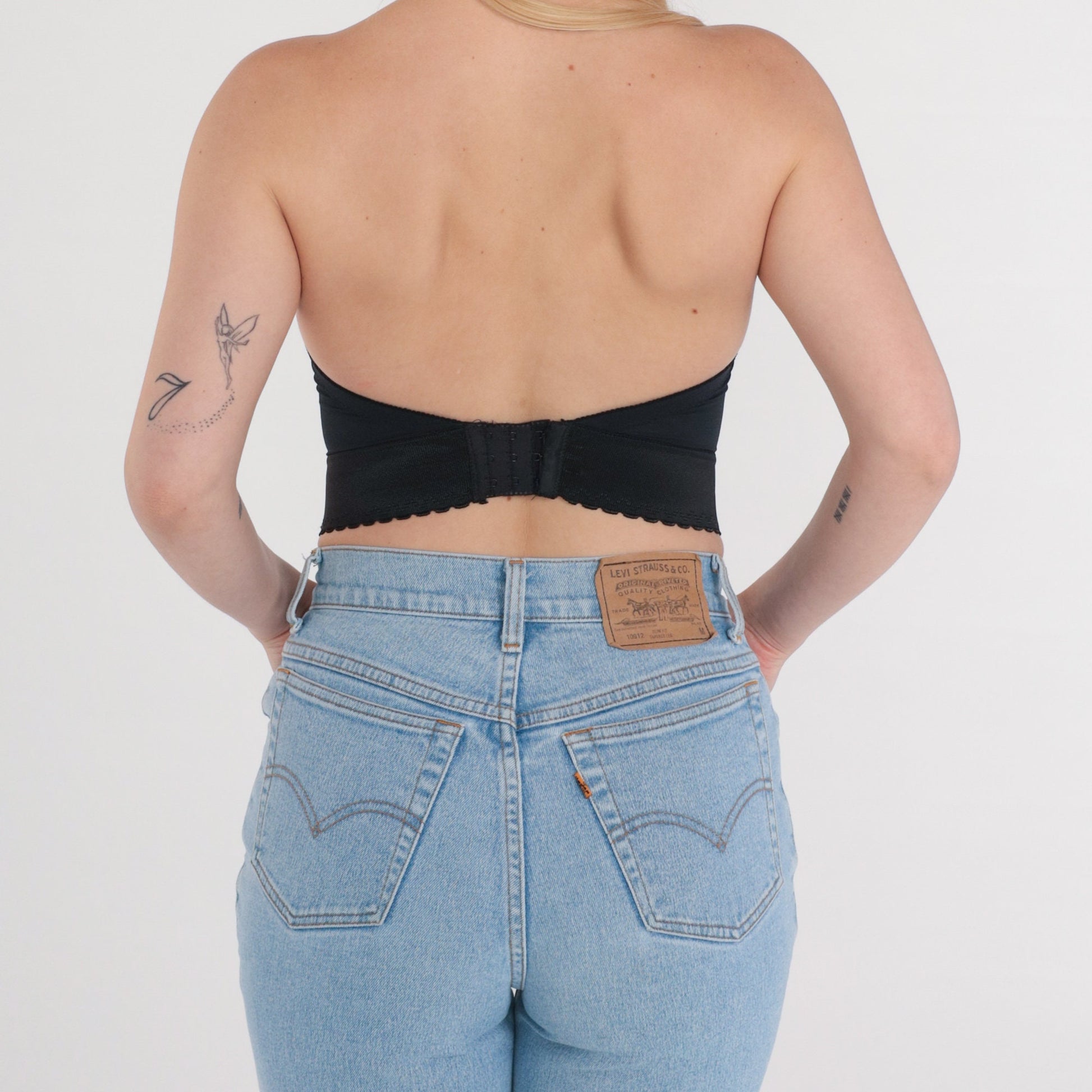 80s Black Boned Bustier Corset Strapless Sweetheart Scalloped Rosette 34A XS
