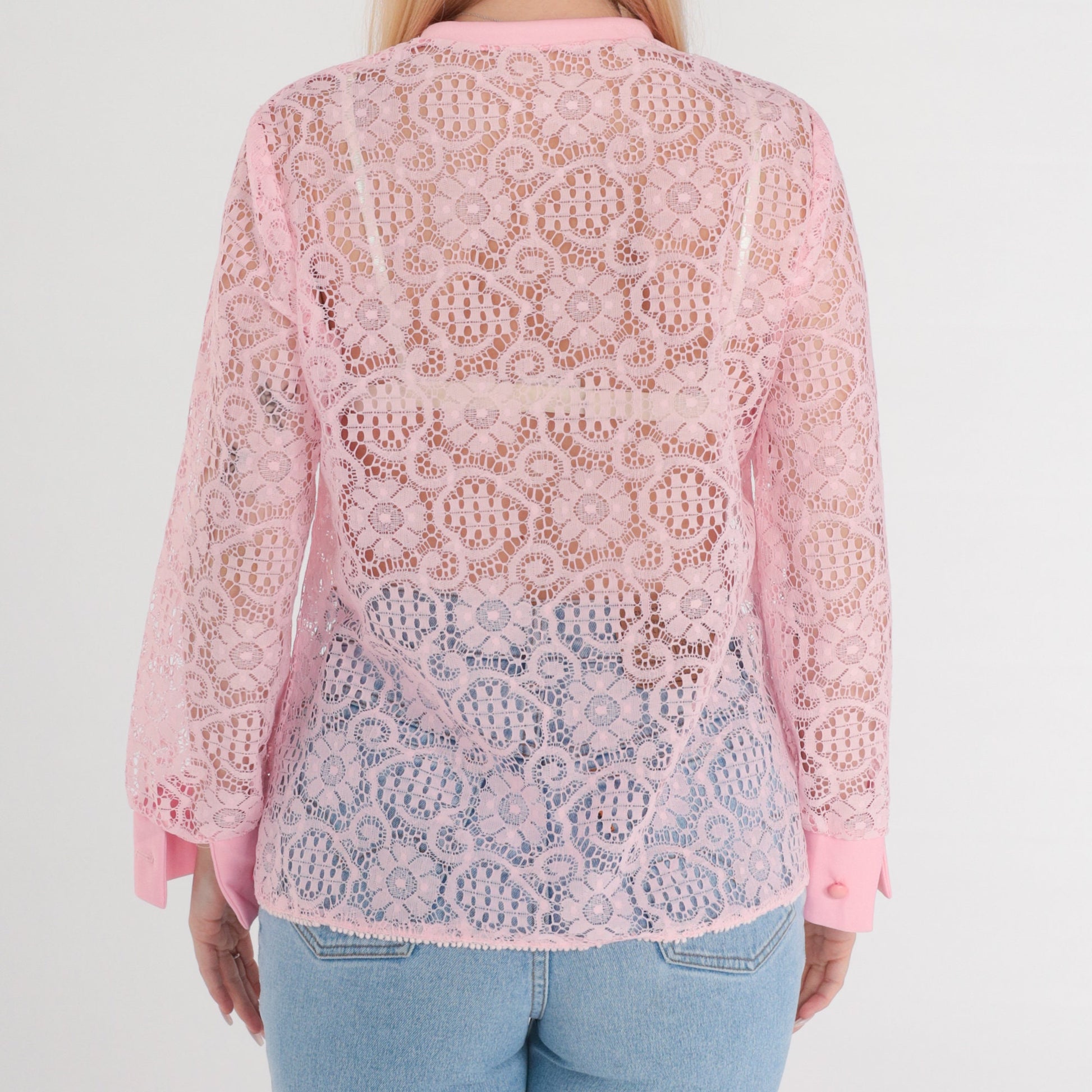 70s Pink Lace Blouse Sheer Floral Long Sleeve Open Front Medium M