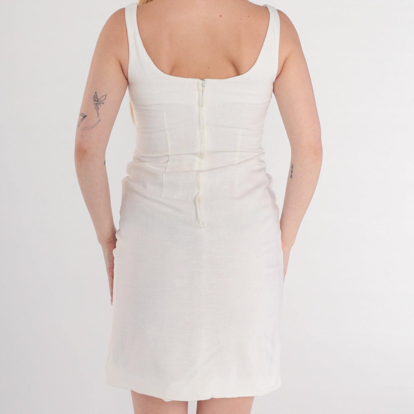 60s White Linen Pencil Dress Sleeveless Bow Mini Sheath Extra Small