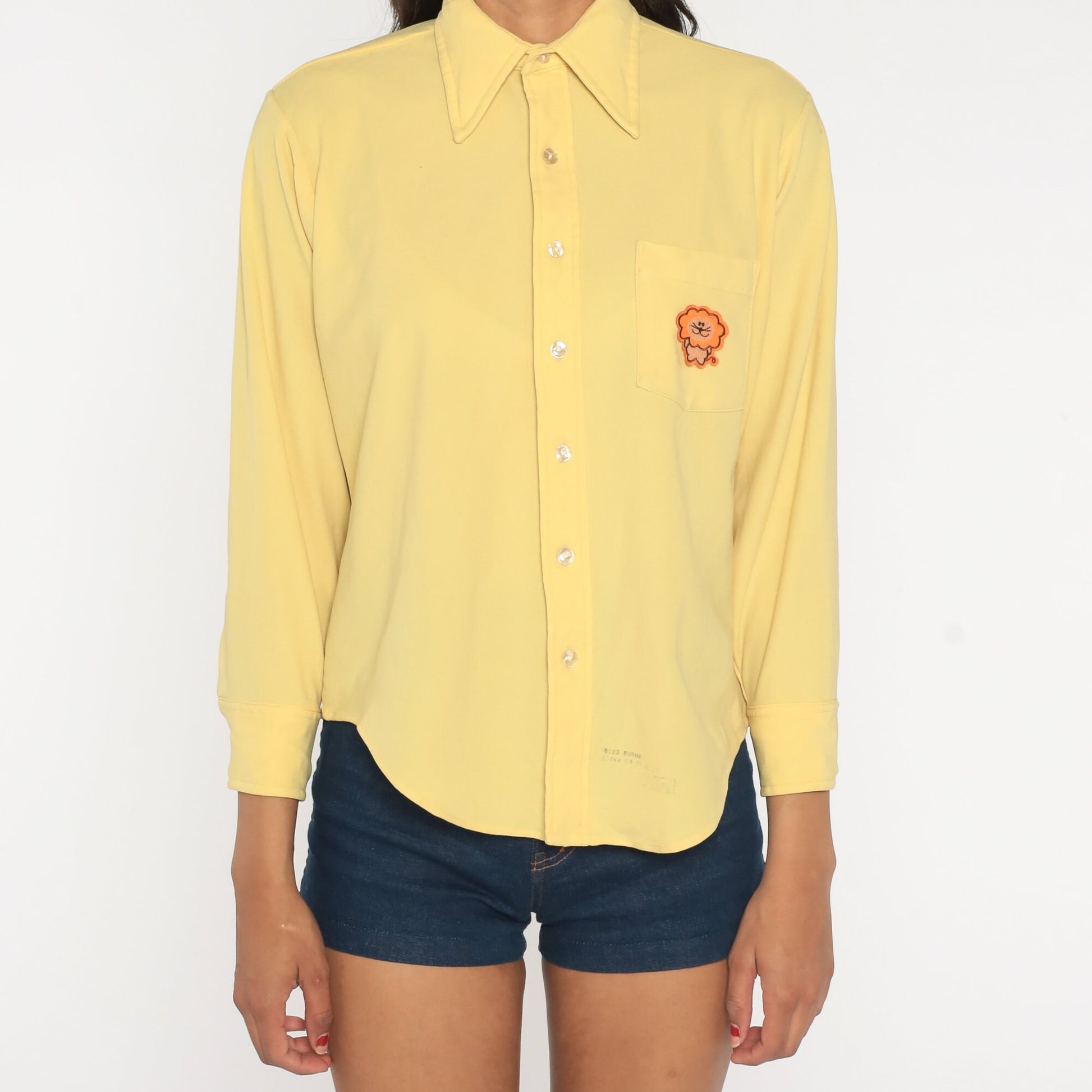 70s Lion Chest Print Button Up Shirt Yellow Long Sleeve Men's Large
