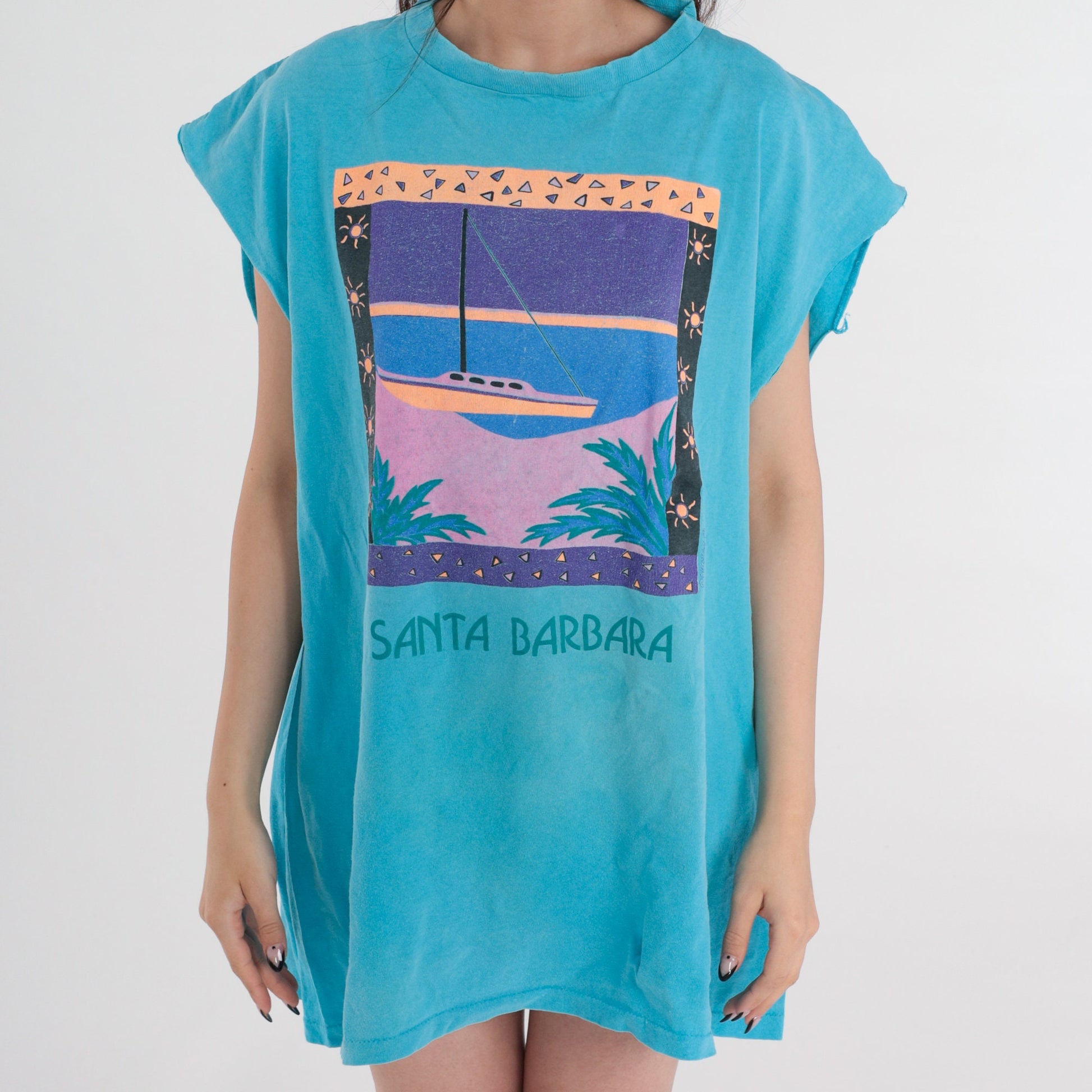 90s Santa Barbara Graphic Muscle Tank Turquoise Cotton Single Stitch Extra Large XL