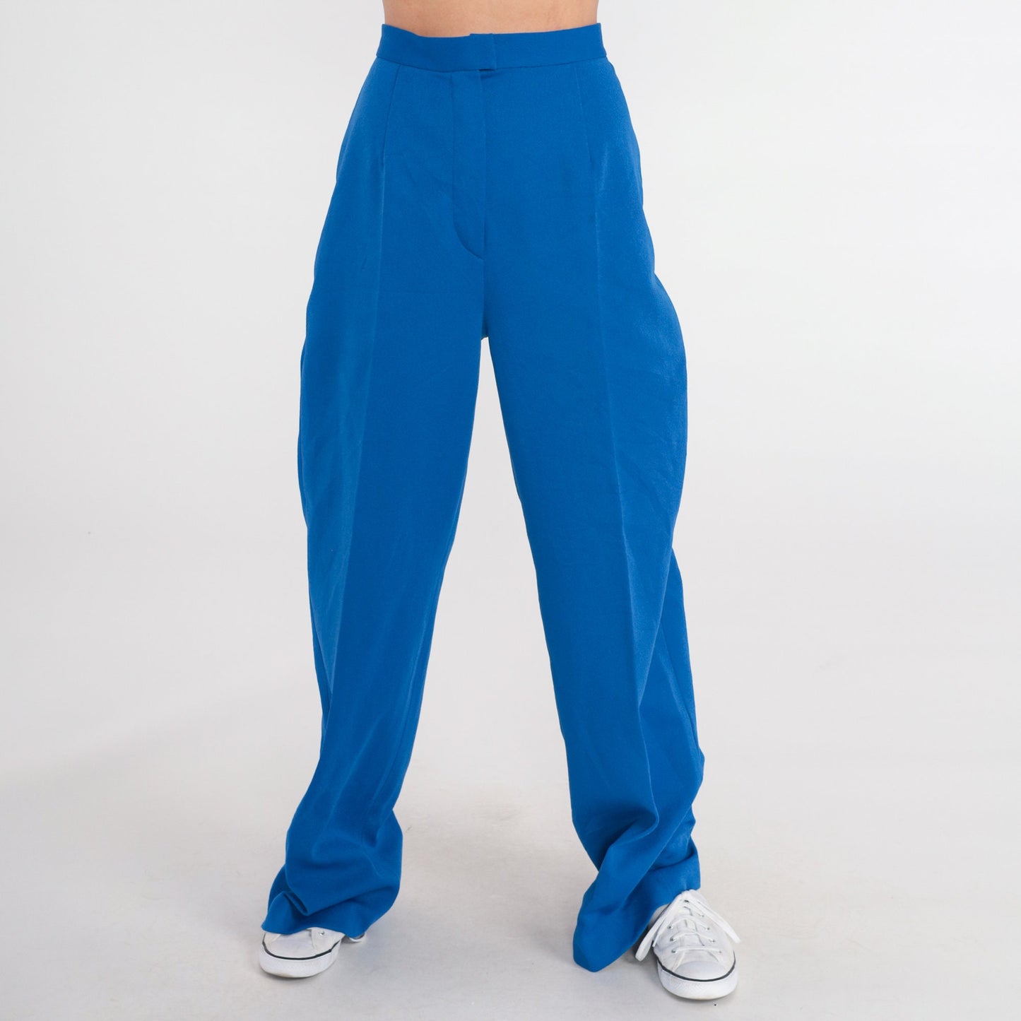 70s Royal Blue High-Waisted Flared Trousers Creased Leg Extra Small