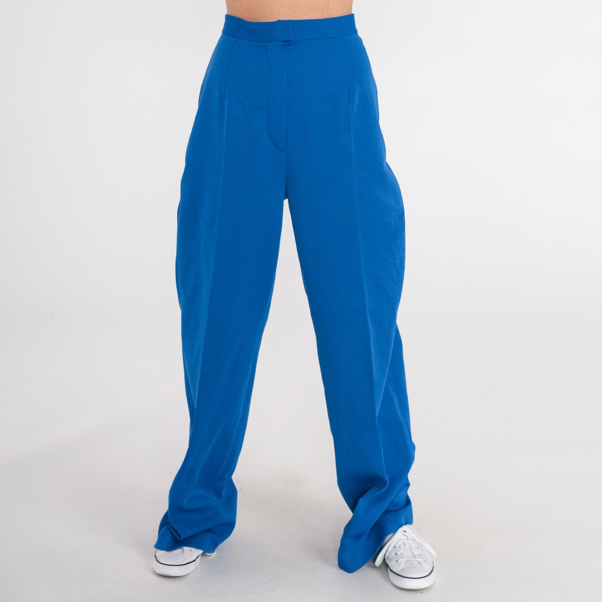70s Royal Blue High-Waisted Flared Trousers Creased Leg Extra Small