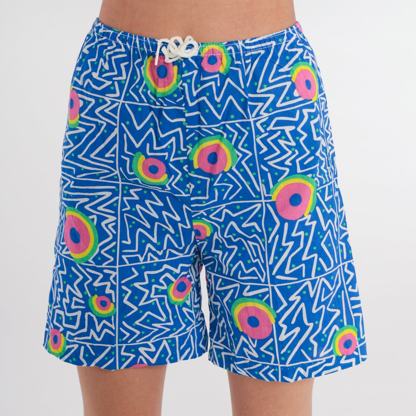 90s Blue Abstract Print Shorts High Drawstring Waist Wide Leg Extra Small