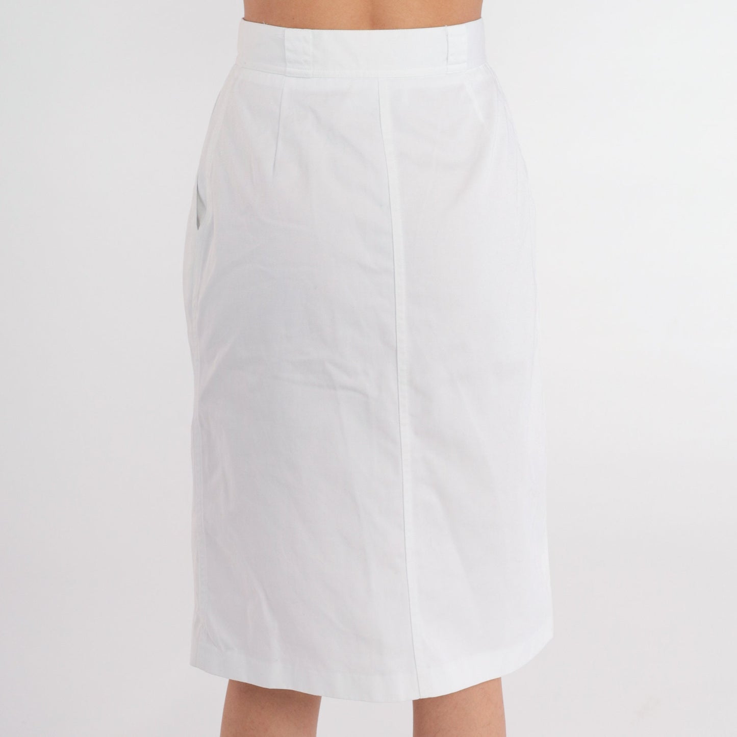 80s Chaus Petites White Snap-Front Pencil Skirt High Waist Knee Length Extra Small