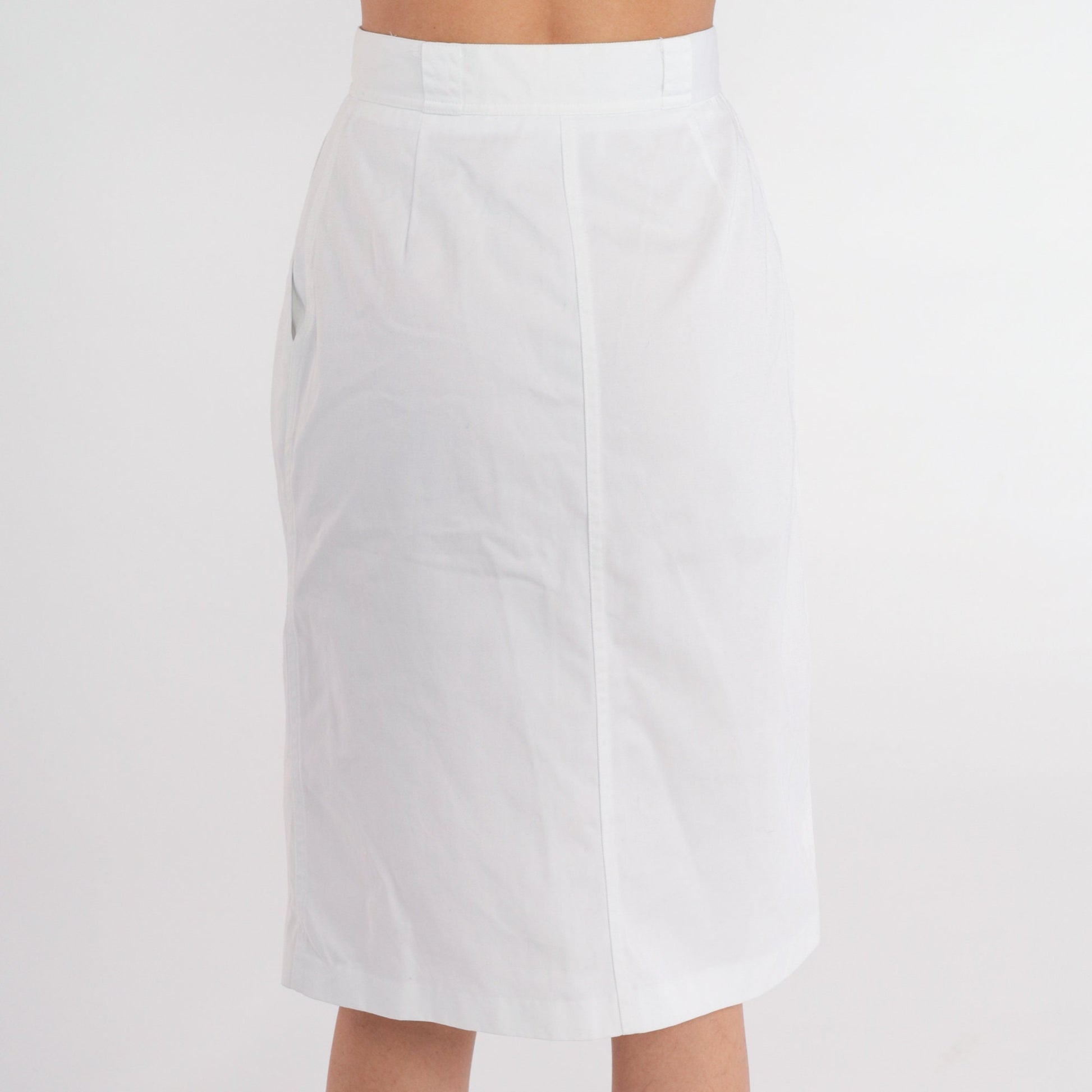 80s Chaus Petites White Snap-Front Pencil Skirt High Waist Knee Length Extra Small