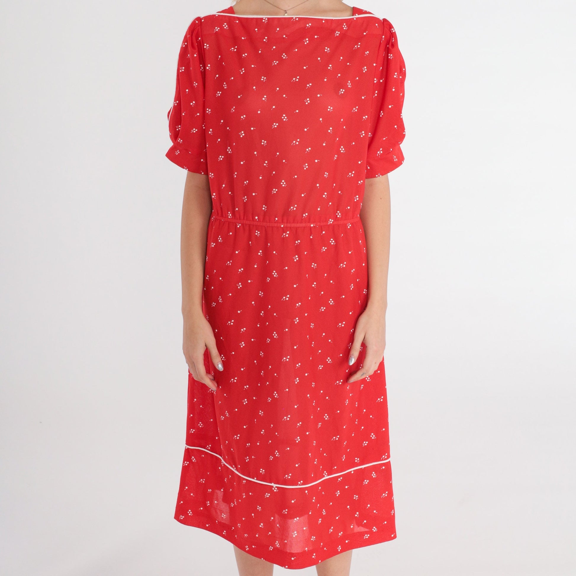 70s Red Floral Midi Dress White Flower Print High Waist Puff Sleeve Medium Large