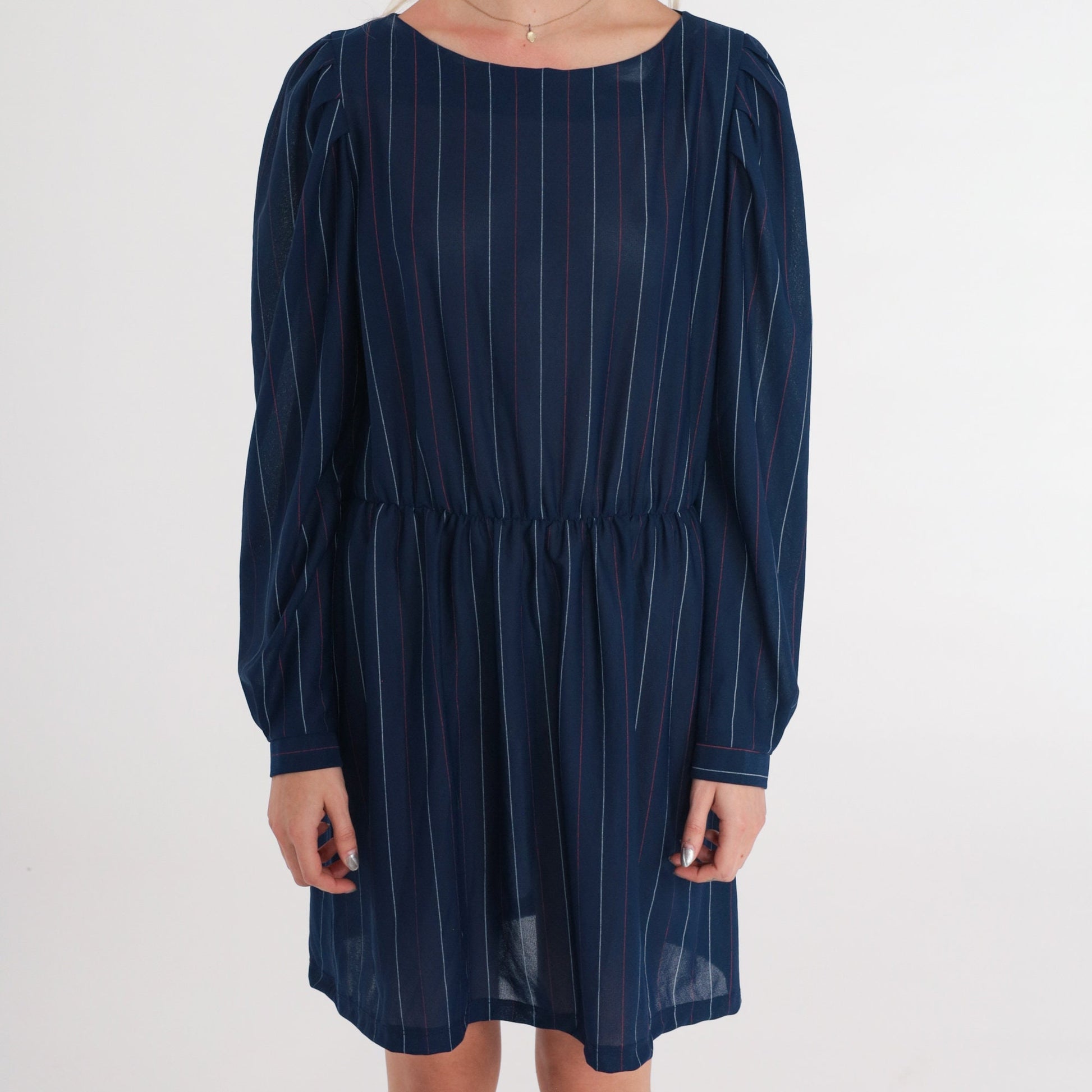 70s Navy Pinstriped Mini Dress Puff Sleeve High Waist Keyhole Back Small Medium
