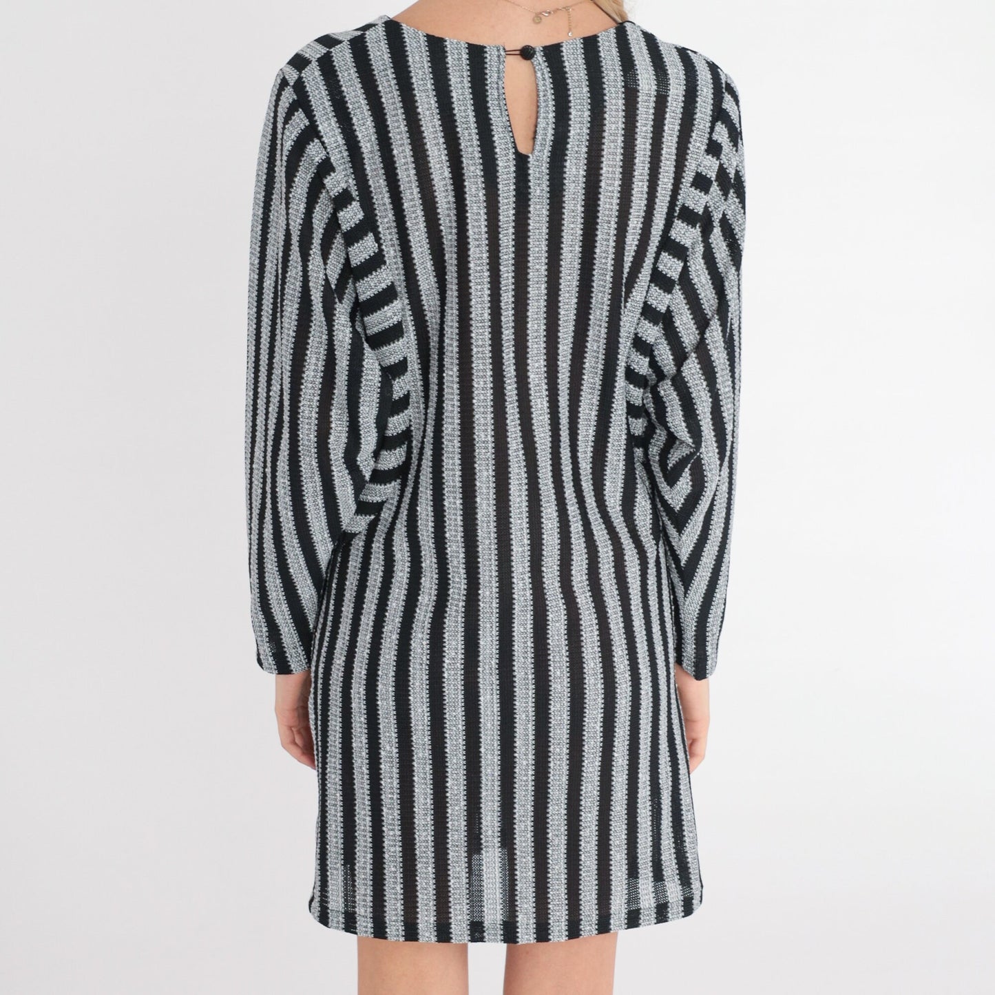 70s Striped Mini Dress Long Sleeve Shift Black White Grey Vertical Stripes Medium