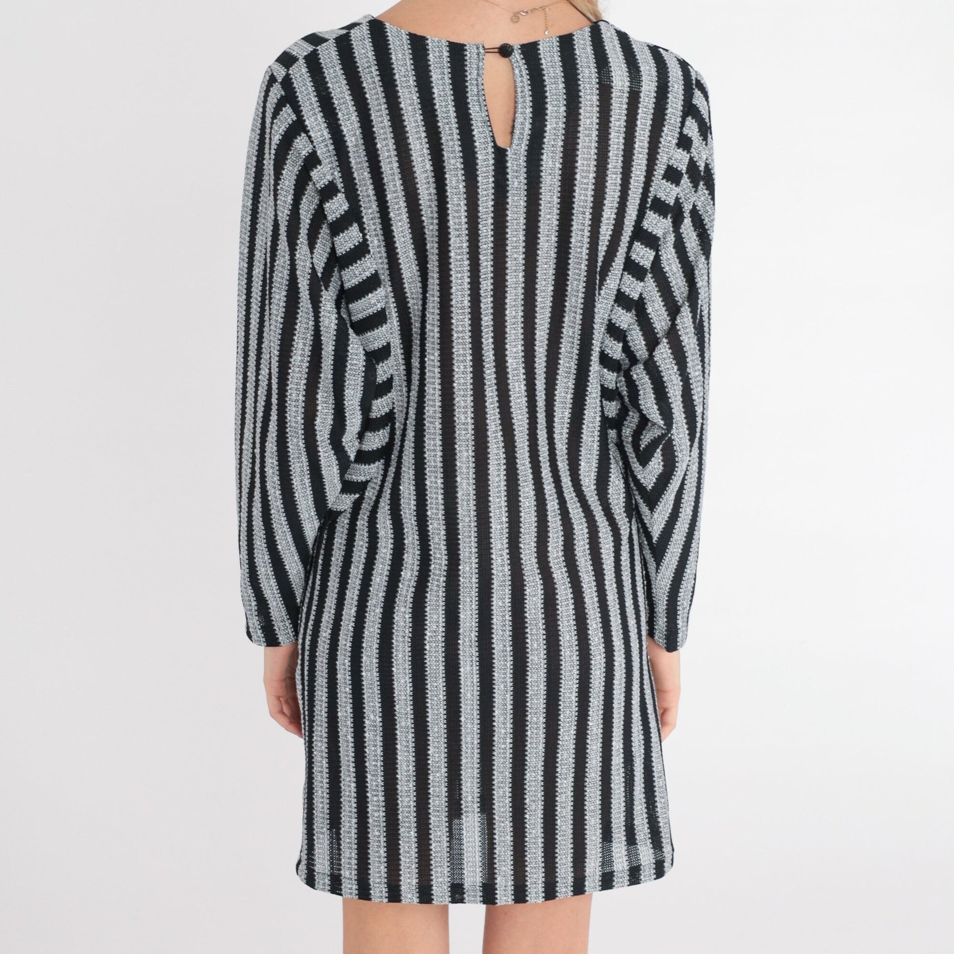 70s Striped Mini Dress Long Sleeve Shift Black White Grey Vertical Stripes Medium