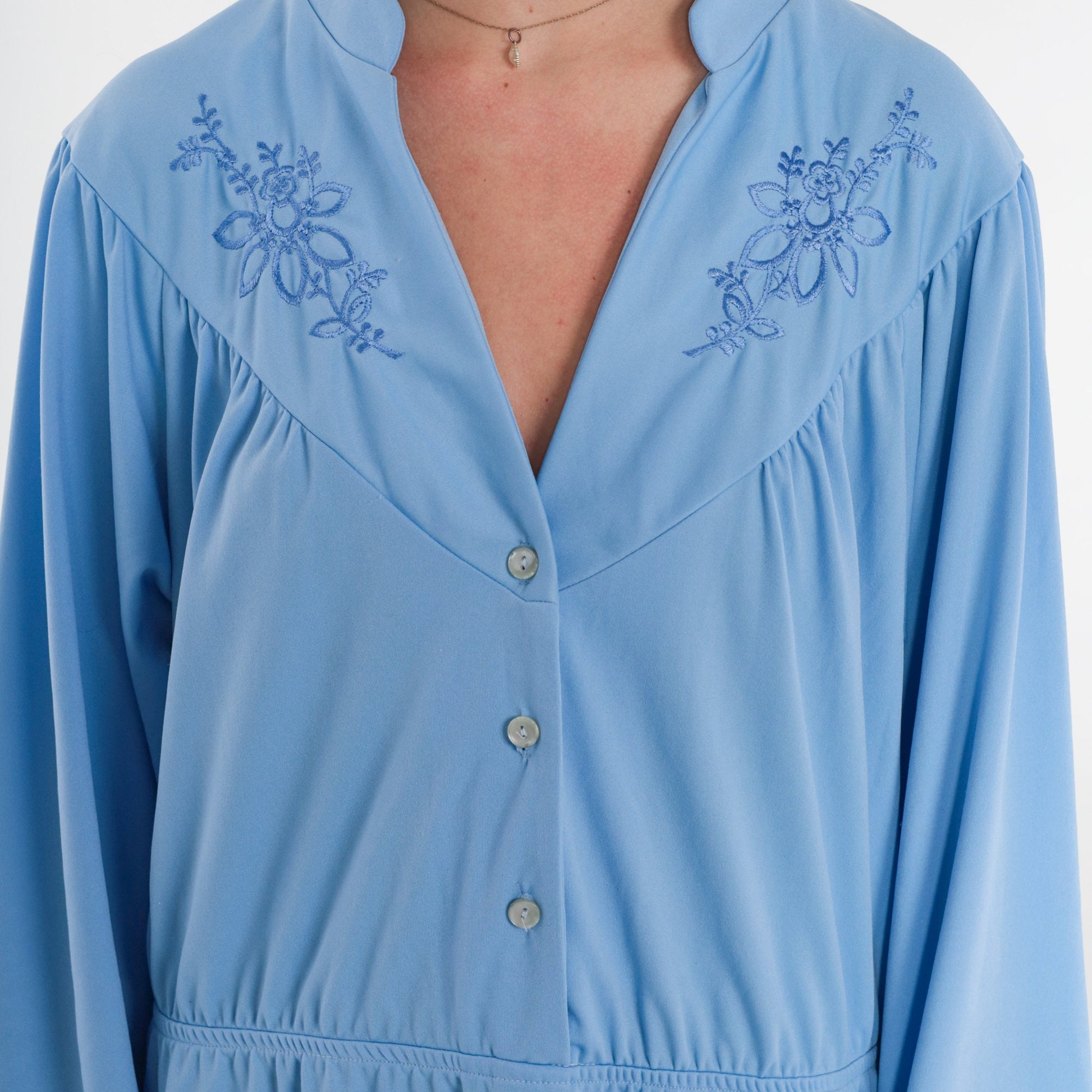 70s Blue Floral Embroidered Mini Dress High Waist Button Up Long Sleeve Extra Large