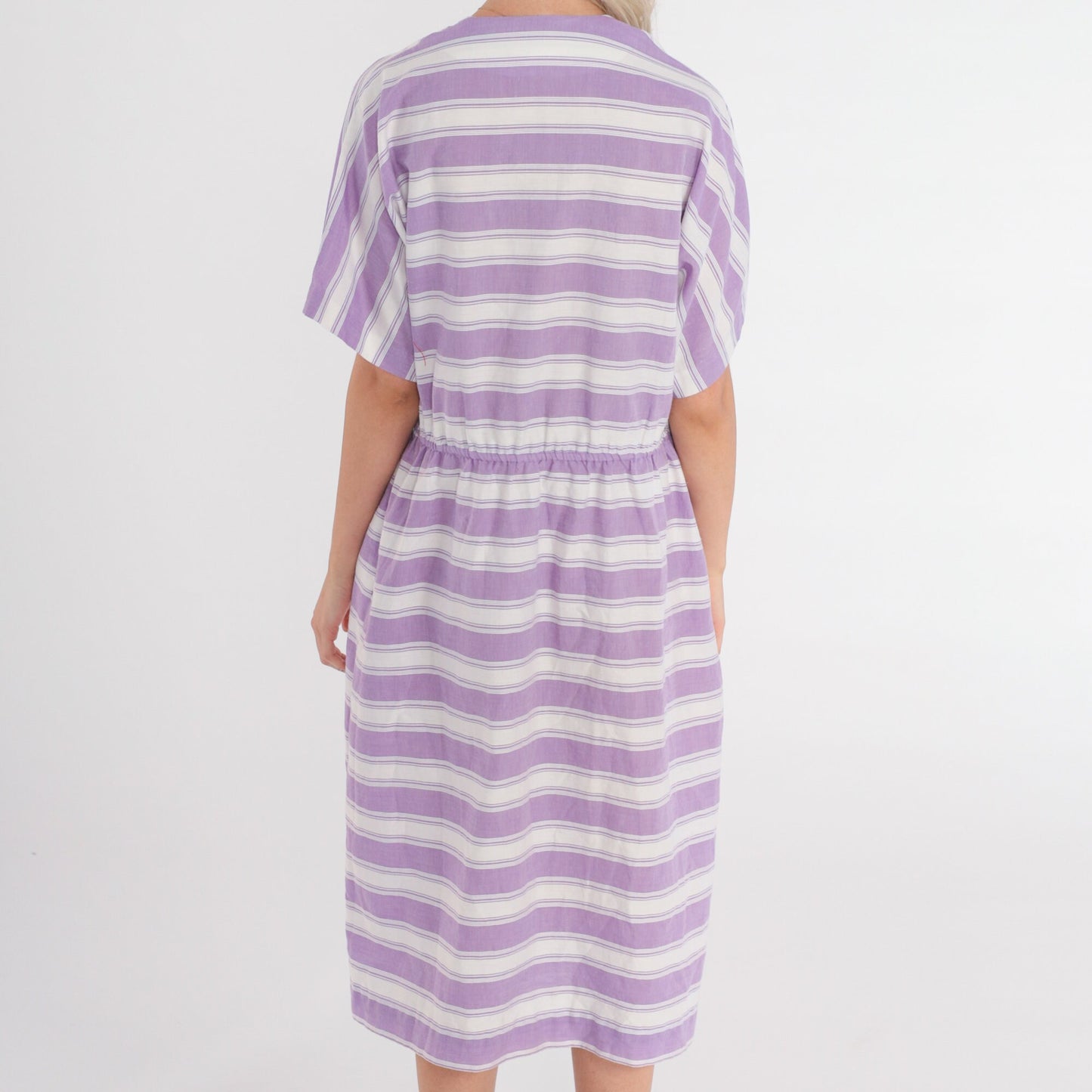 80s Striped Midi Dress White Purple Double Breasted V-Neck High Waisted Medium