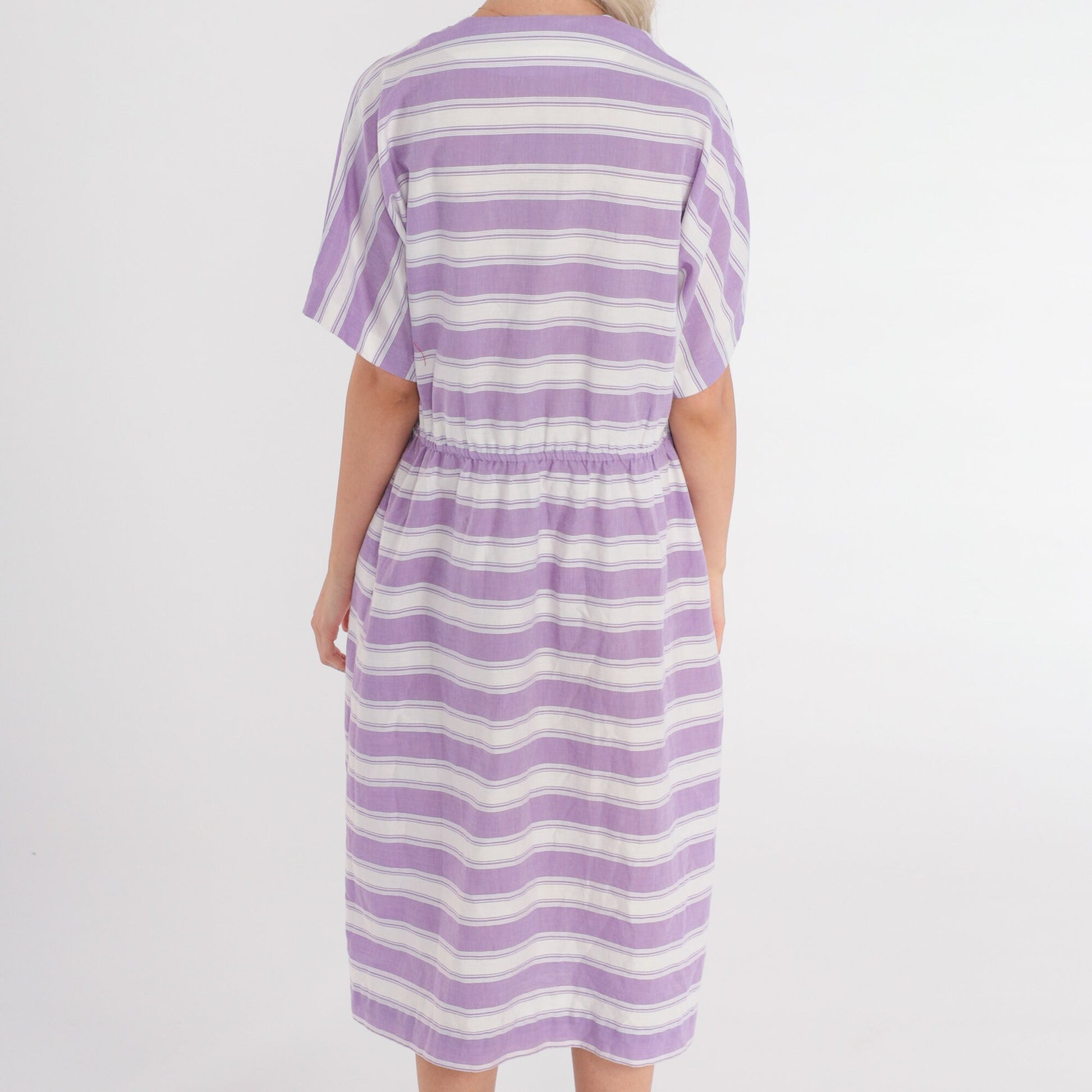 80s Striped Midi Dress White Purple Double Breasted V-Neck High Waisted Medium