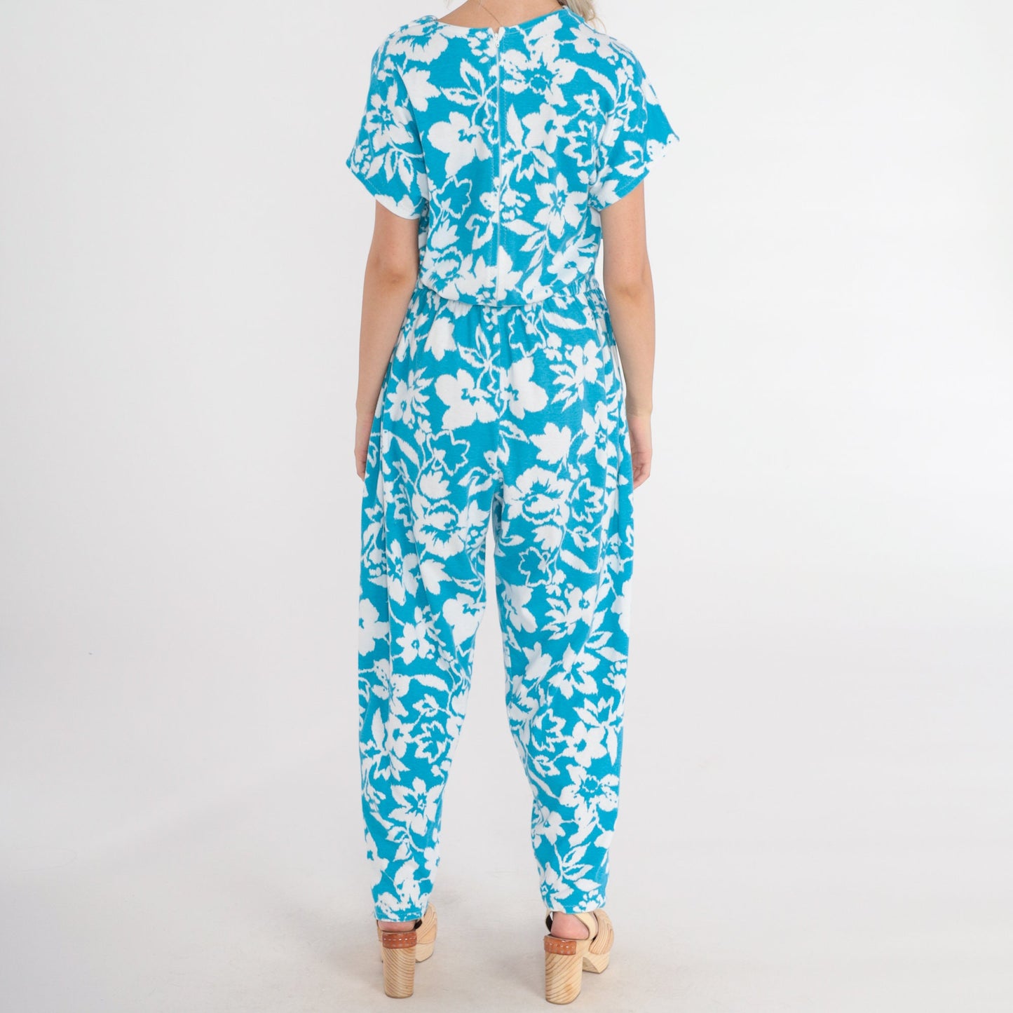 80s Blue Floral Jumpsuit White Print Cowl Neck Tapered Leg Medium Large