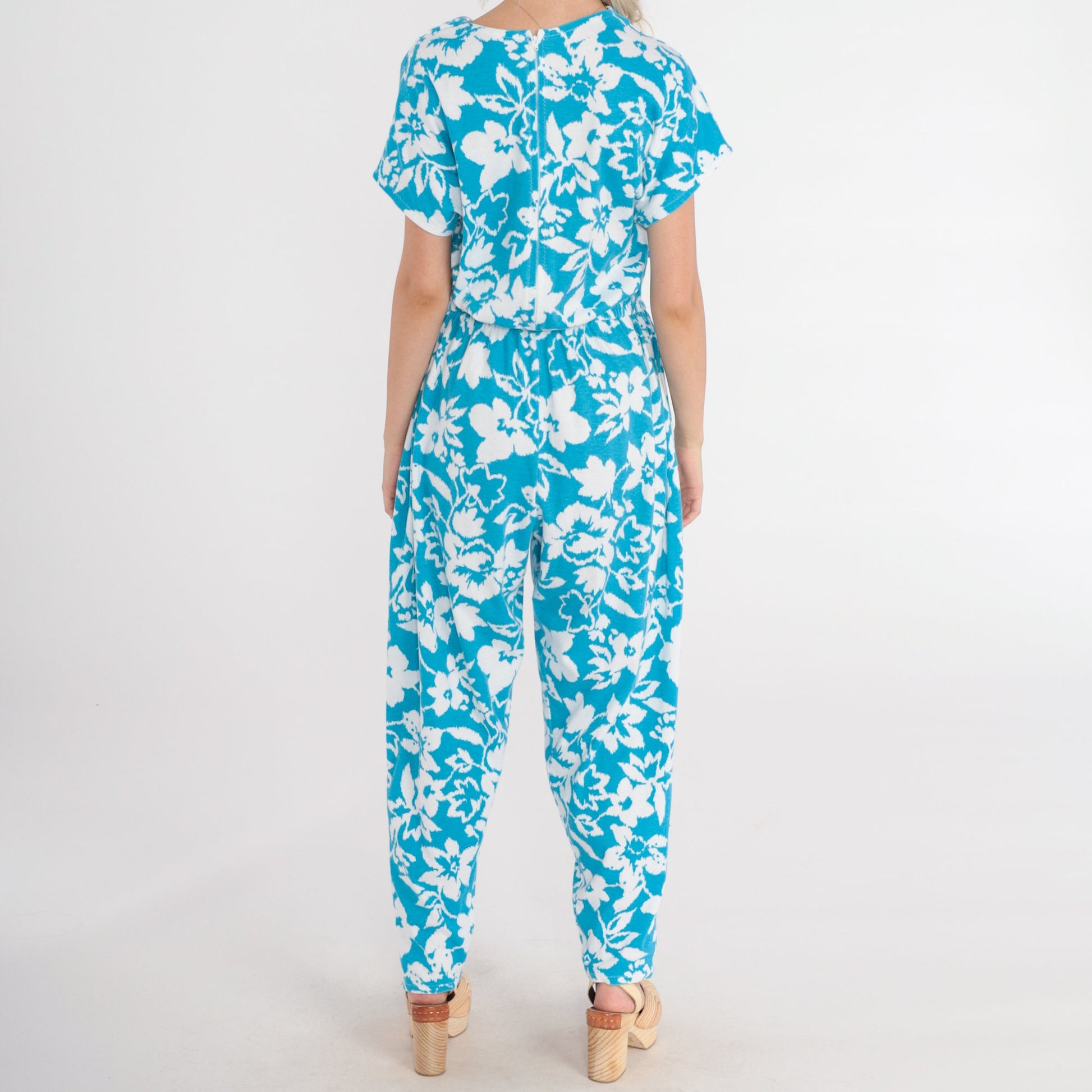 80s Blue Floral Jumpsuit White Print Cowl Neck Tapered Leg Medium Large