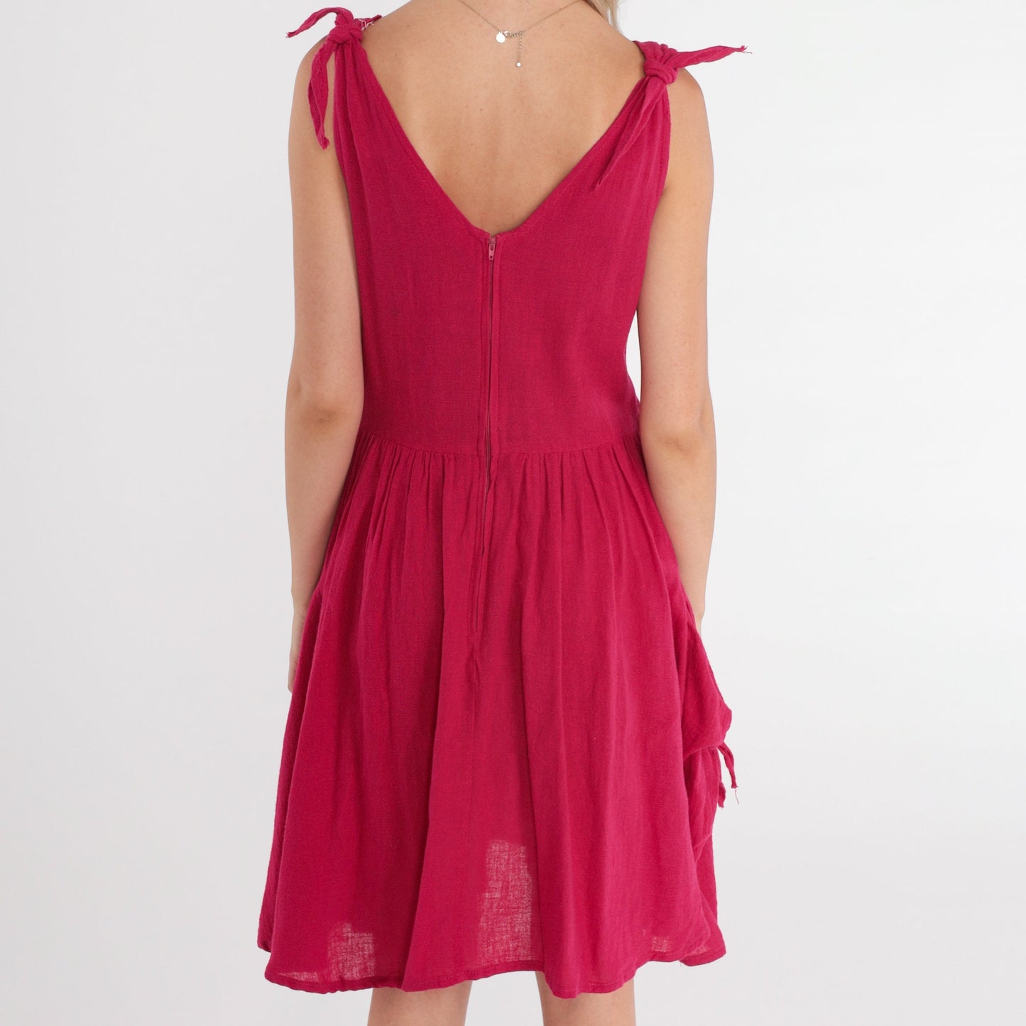 80s Berry Red Mini Sundress Sleeveless High Waist V Neck Pockets Small