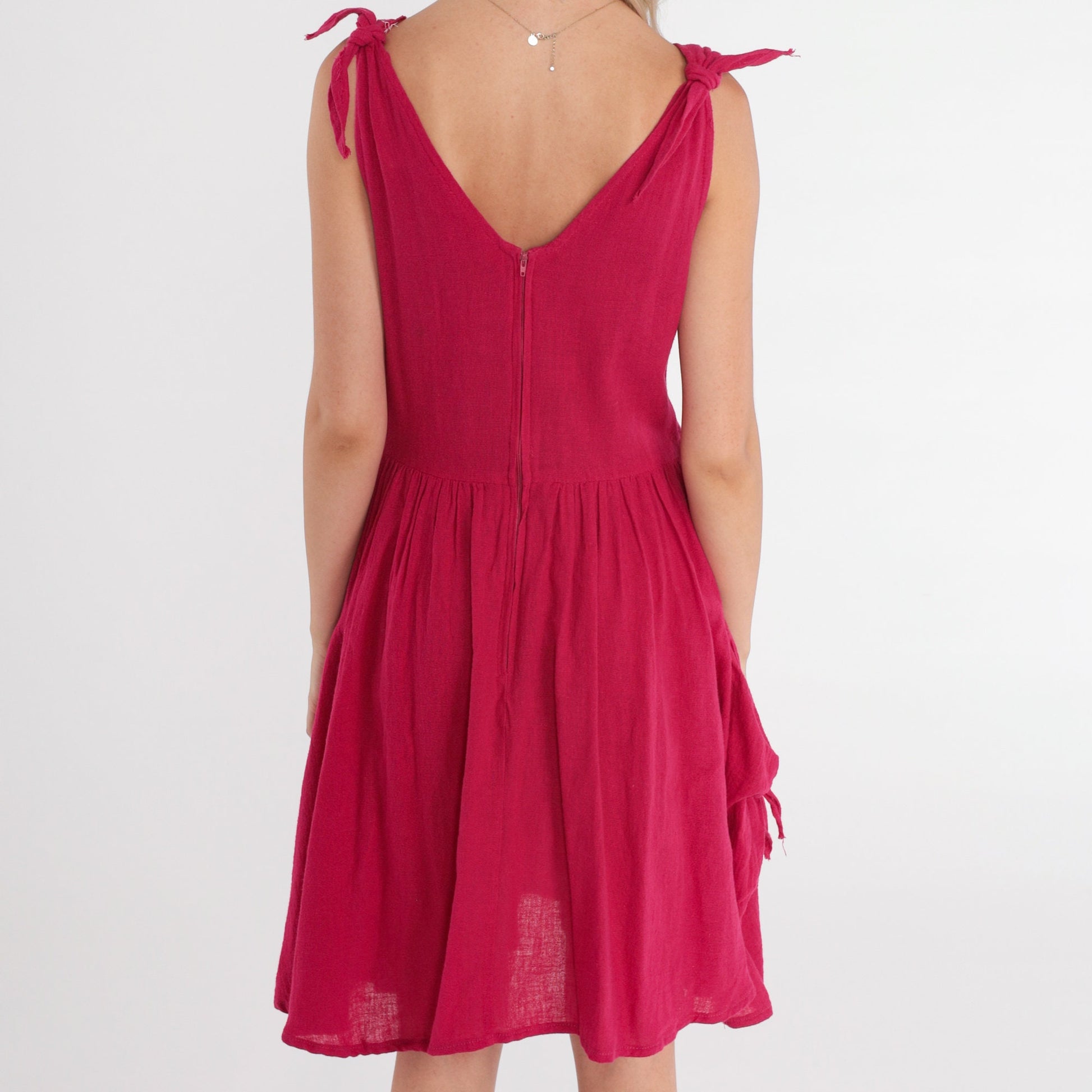 80s Berry Red Mini Sundress Sleeveless High Waist V Neck Pockets Small