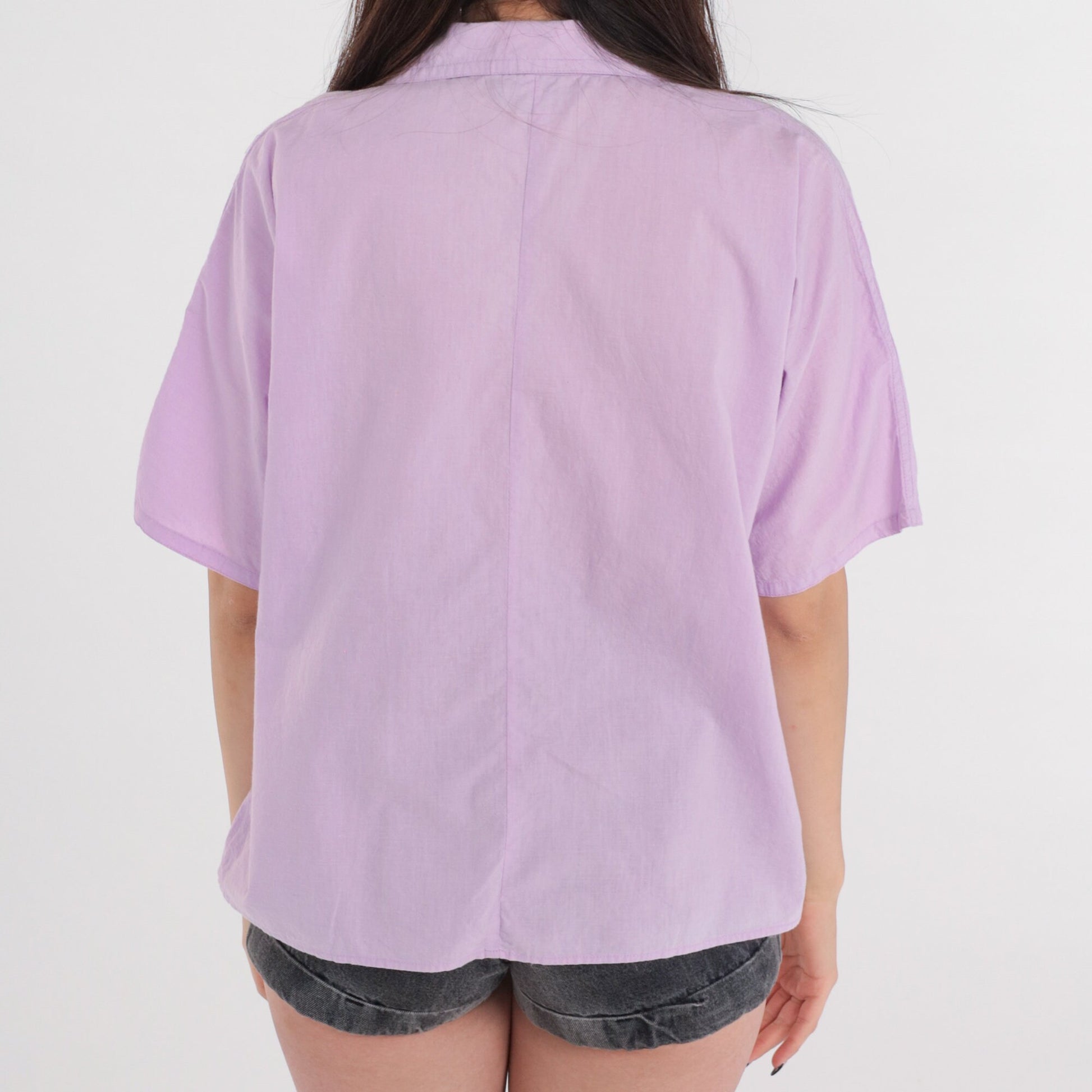 90s Lilac Cotton Button-Up Blouse Short Sleeve Collared Chest Pocket Medium