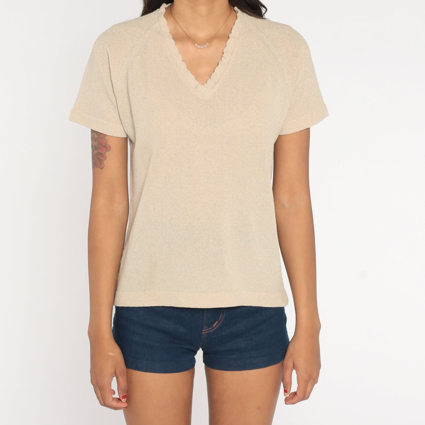 80s Beige V-Neck Raglan Sleeve T-Shirt Medium