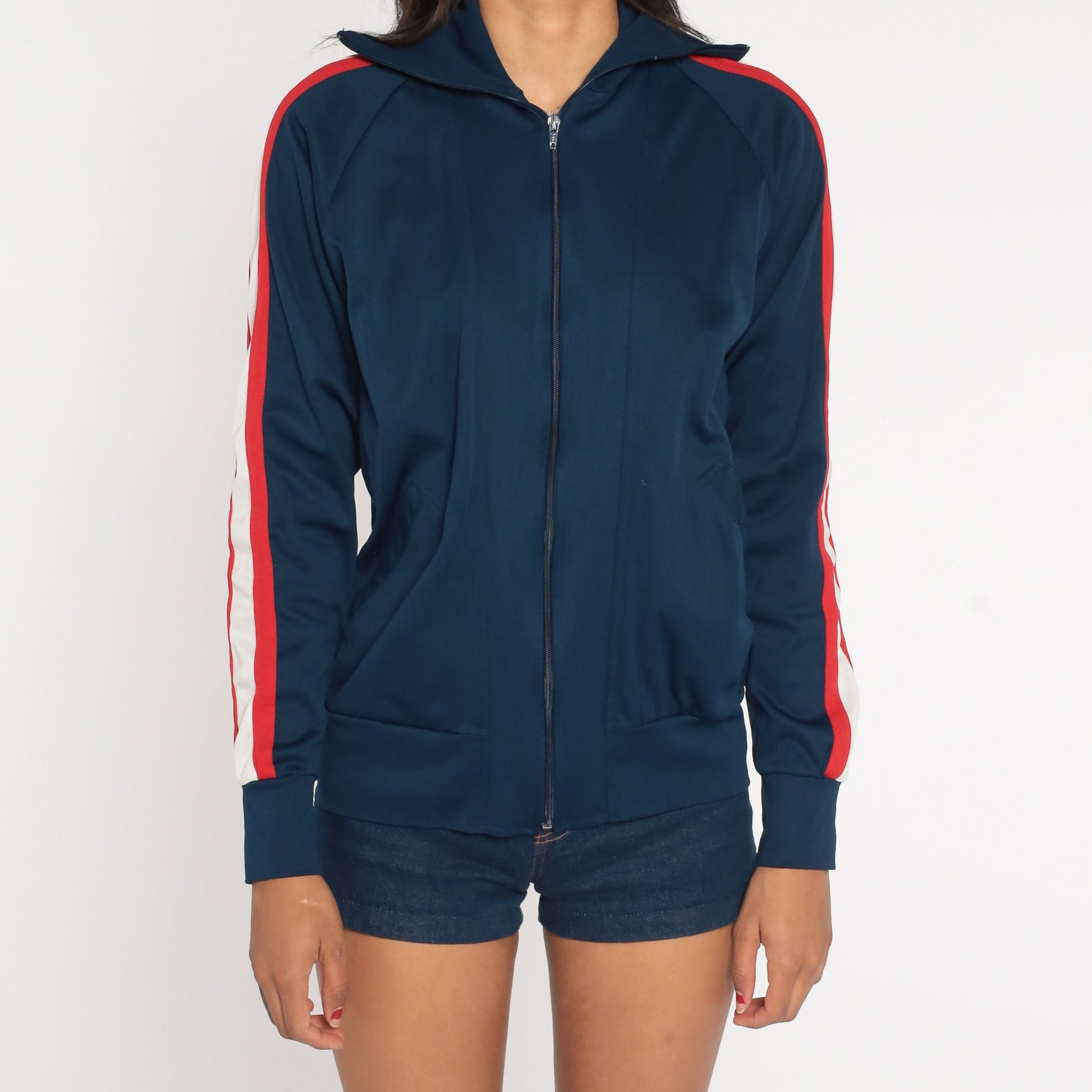 80s Pro Tour Track Jacket Navy Blue Red White Stripe Zip Raglan Medium