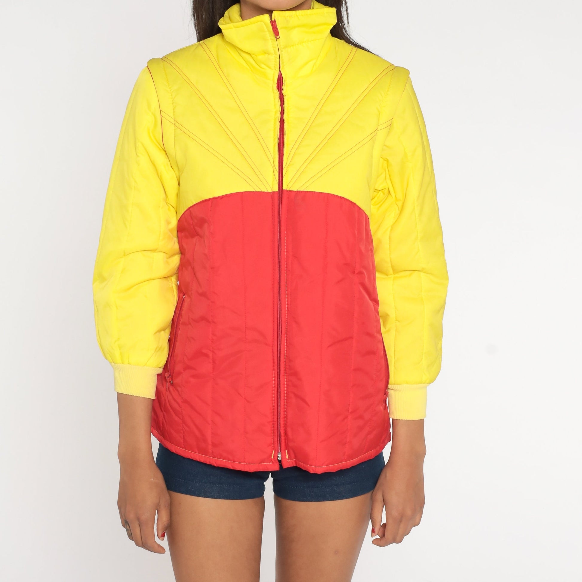 70s Yellow Red Colour Block Puffer Ski Jacket Convertible Zip Sleeves Extra Small