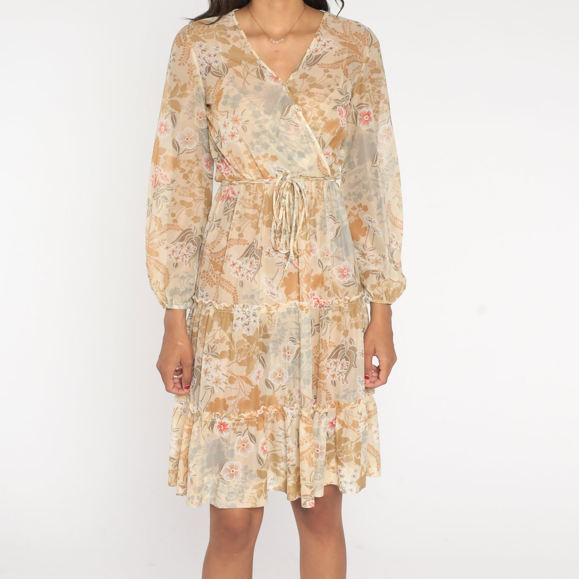 70s Sheer Floral Midi Dress Faux Wrap V Neck Tiered Long Sleeve Cream Small
