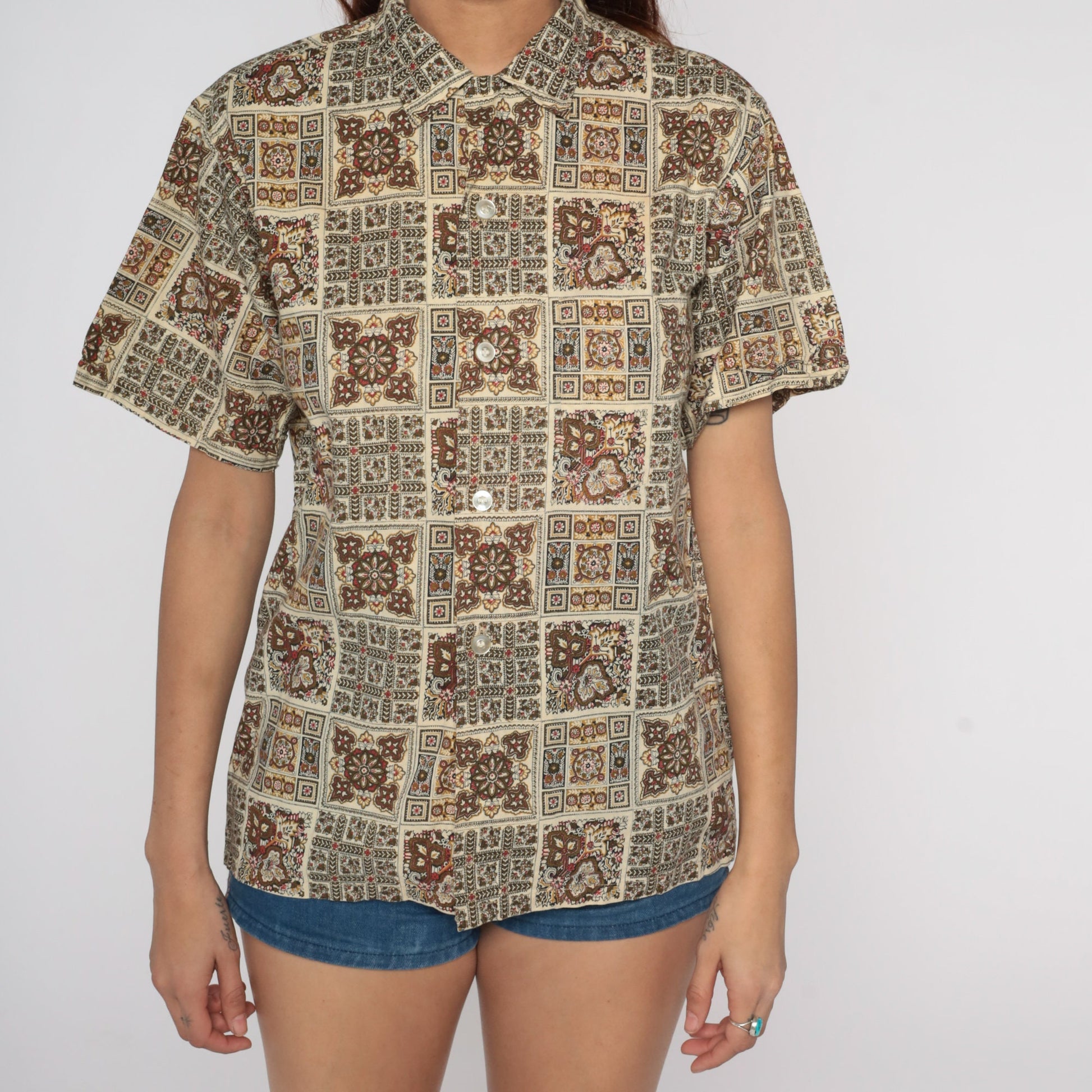 60s Geometric Print Button-Up Shirt Brown Cream Leaf Short Sleeve Medium