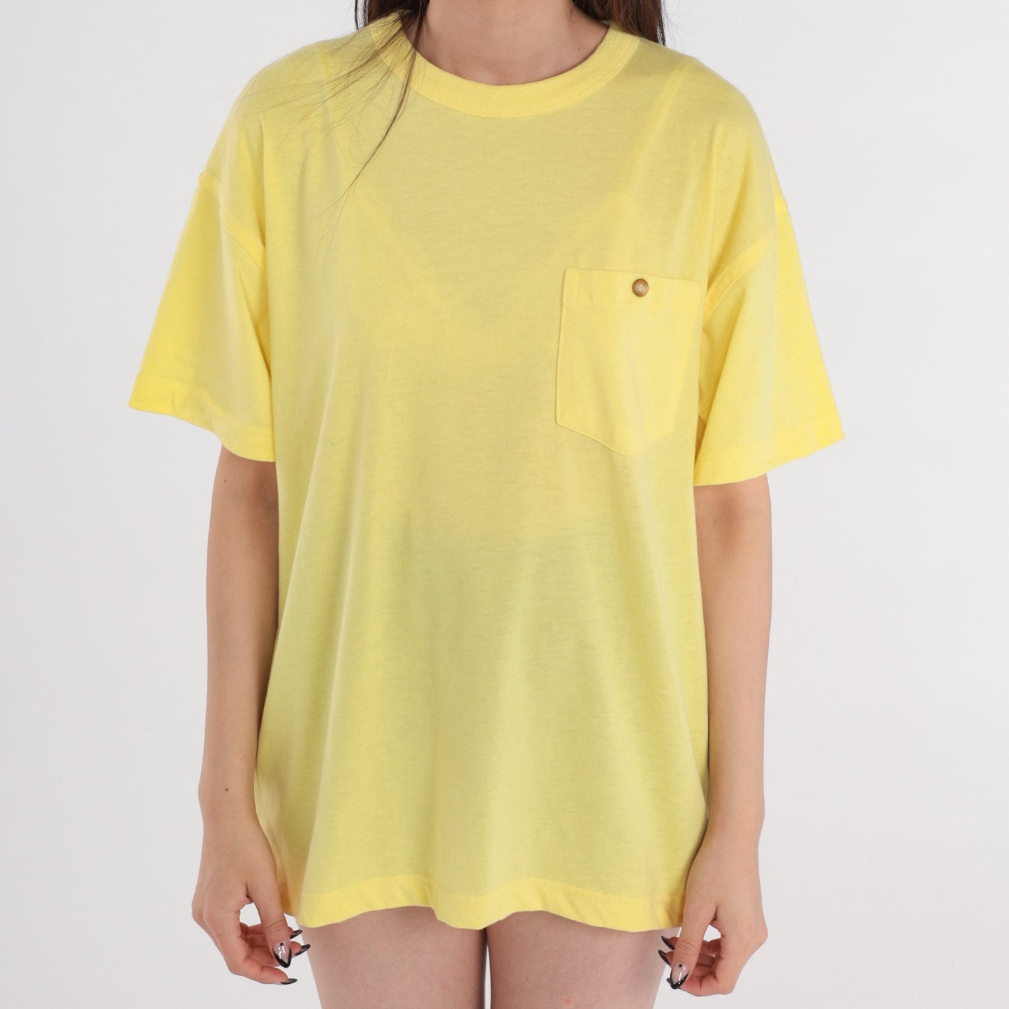80s Yellow Pocket T-Shirt Cotton Blend Crewneck Medium M